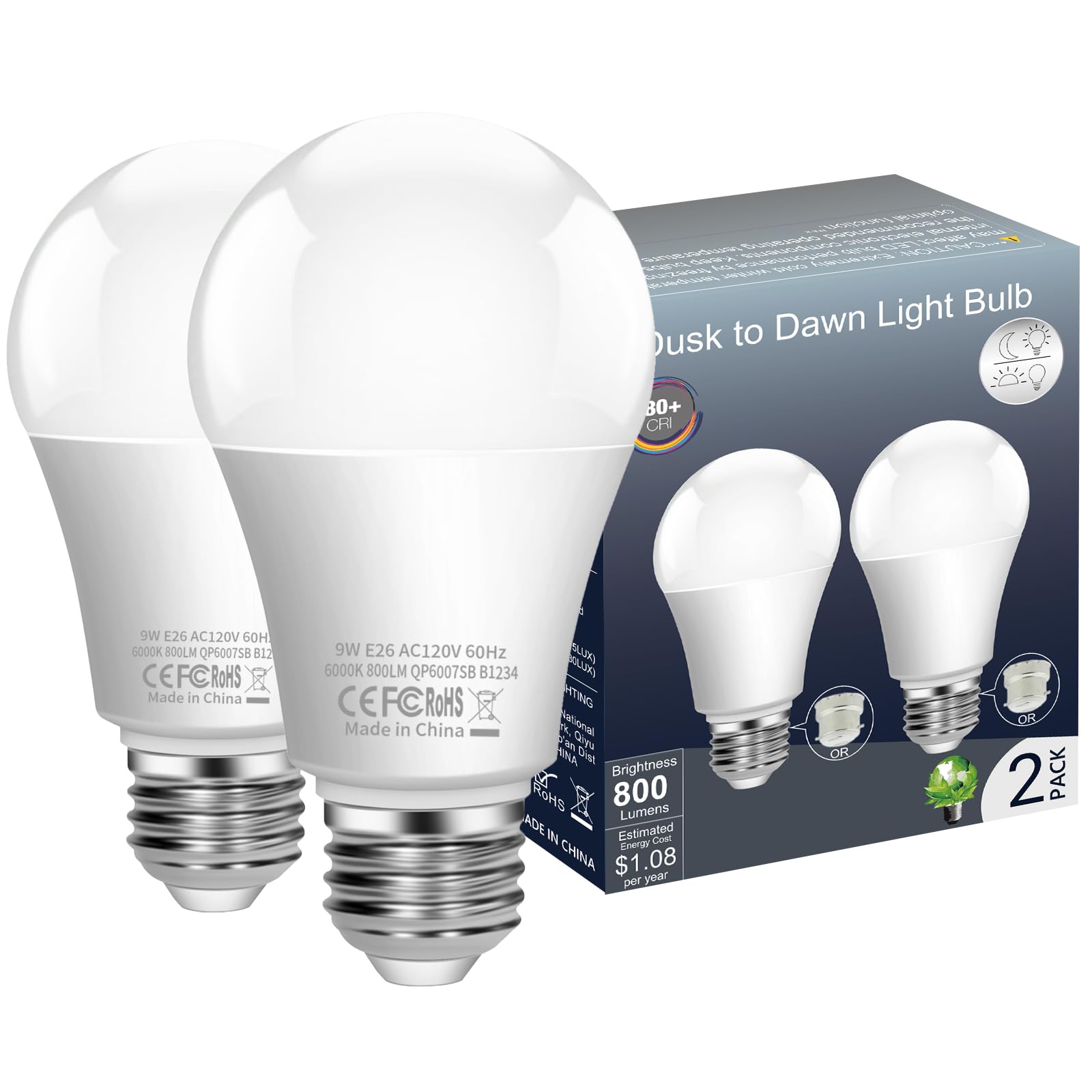 Boxlood Dusk to Dawn LED Light Bulbs with Built-in Light Sensor - 9W 6000K Cool White (60W Equivalent) - A19 E26 Base - Auto On/Off for Indoor & Outdoor Use - Perfect for Porches, Garages, and Security Lighting (2 Pack)