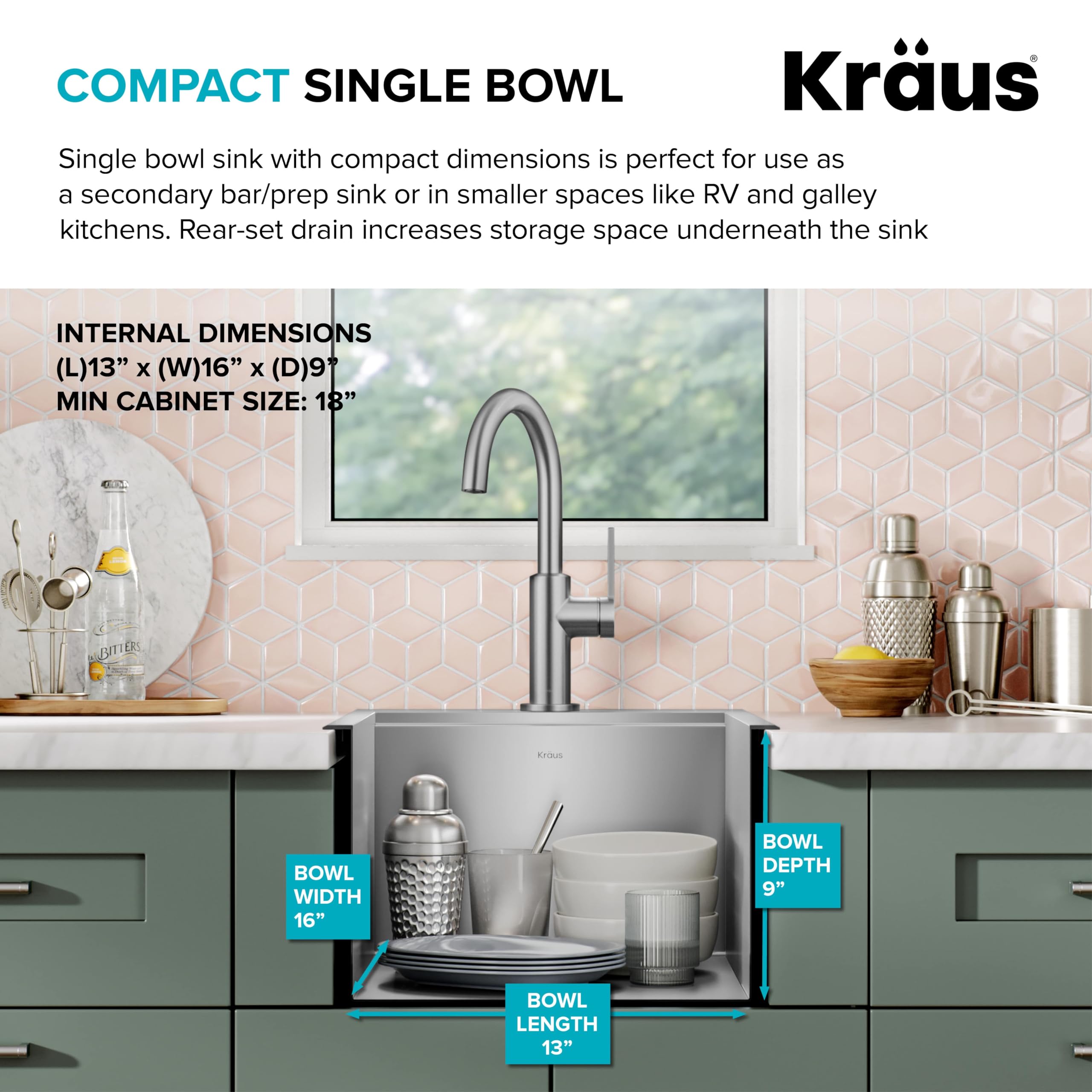 KRAUS Kore 15-Inch Drop-In/Top Mount Stainless Steel Kitchen Sink - 16 Gauge Single Bowl Bar Prep Sink with Accessories (Model KWT311-15) - Perfect for Small Kitchens, Bars & Food Prep Stations