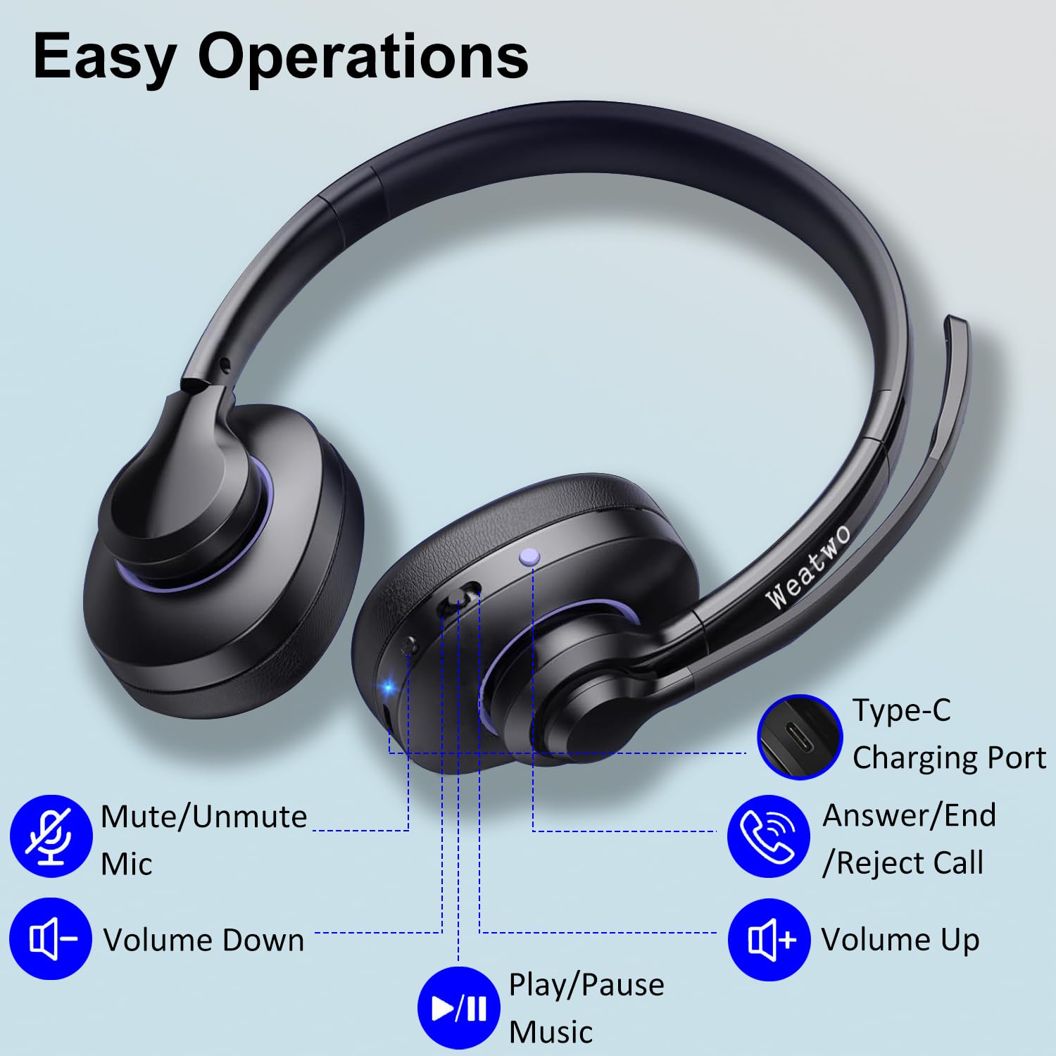 Noise Cancelling Bluetooth Headset with Mic Mute - 30+ Hours Talk Time, V5.1 Wireless Headphones for Work, Calls & Meetings | Compatible with Teams, Zoom, Cell Phone, Laptop | Perfect for Home Office, Call Center & Remote Work