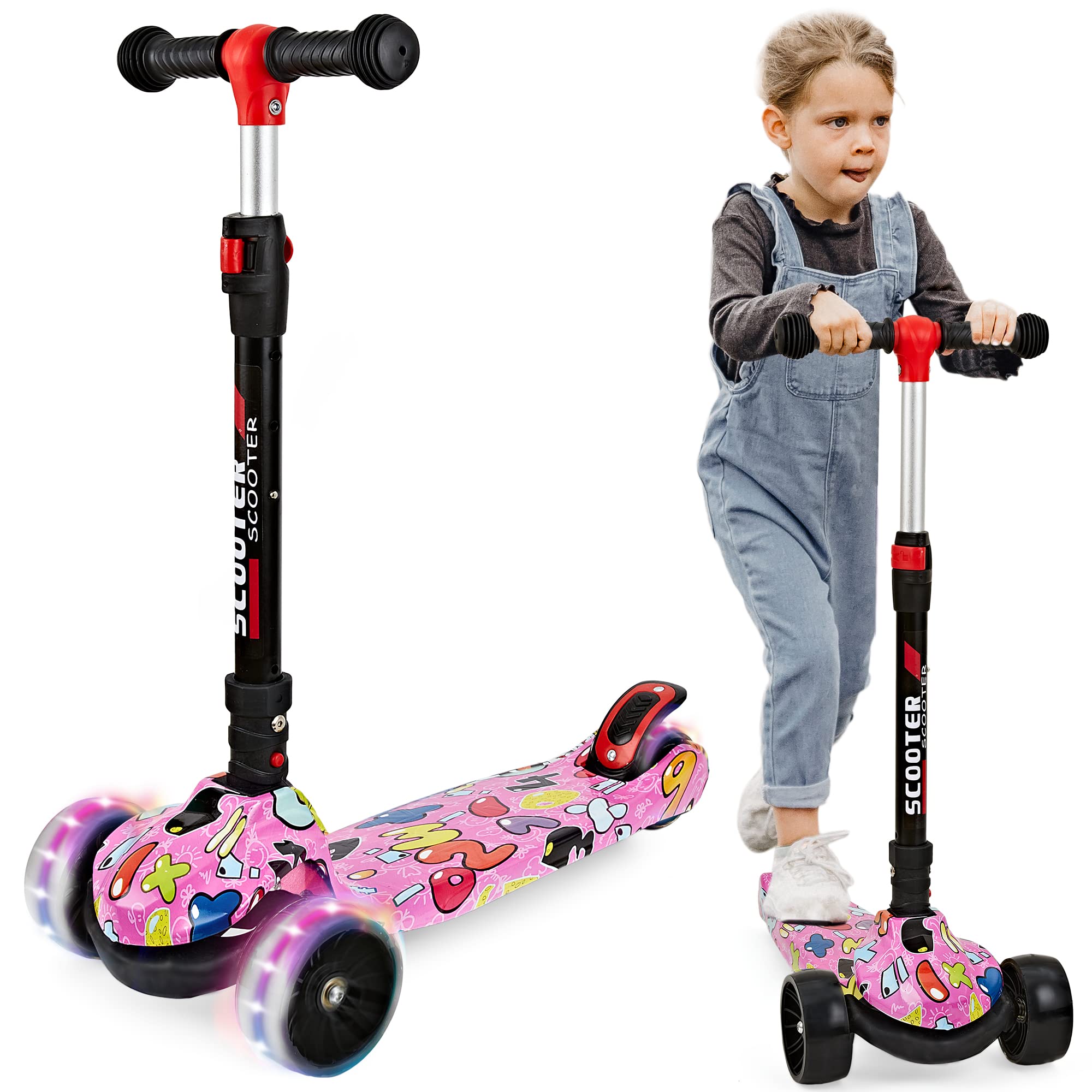**Foldable & Height Adjustable Kids Scooter for Ages 3-12 – Graffiti Design, Non-Slip Deck, Extra Wide PU Light-Up Wheels (200 lbs Capacity) – Perfect for Commuting, Outdoor Play & Neighborhood Rides**