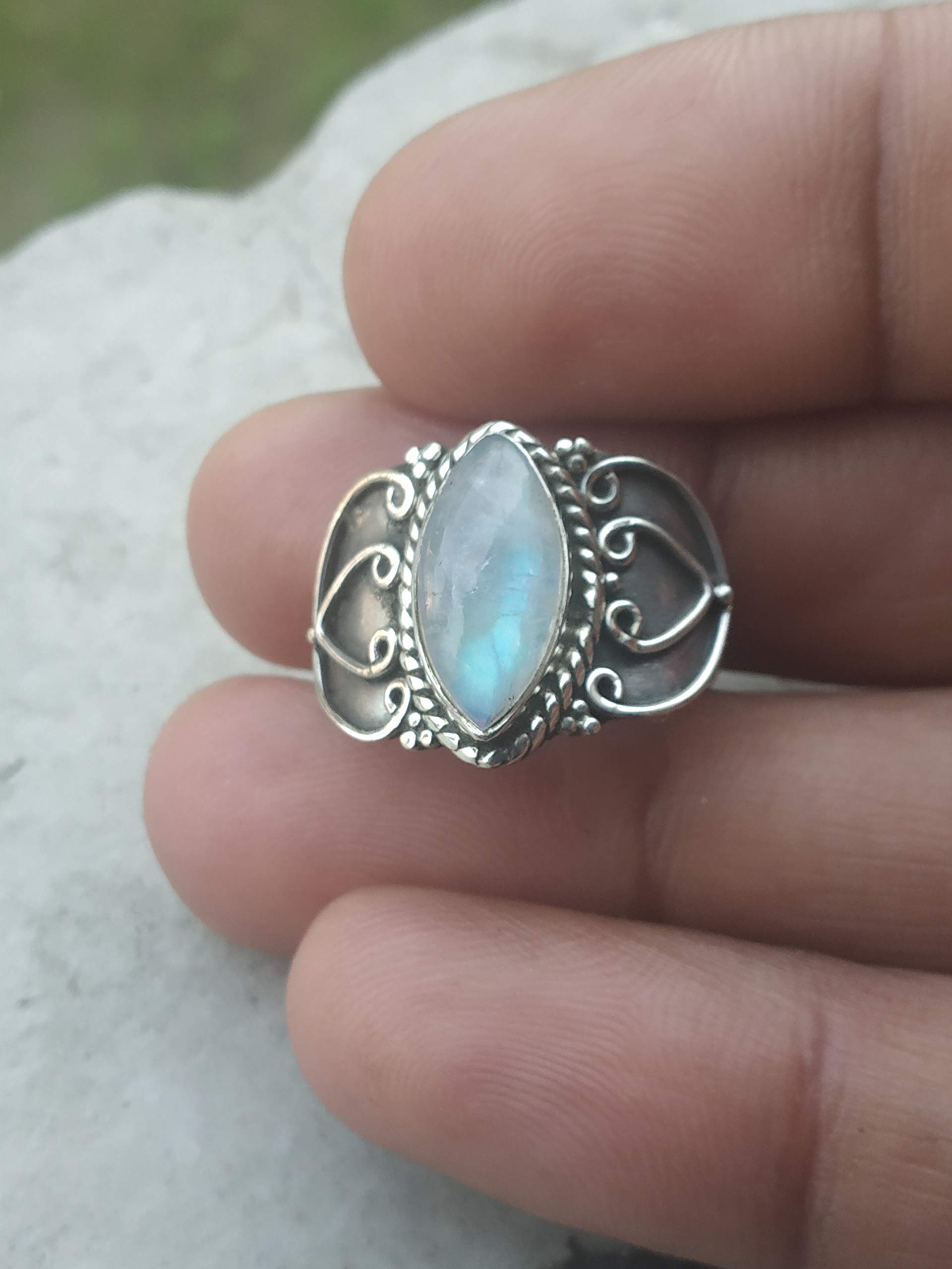 Rainbow Moonstone Ring - 925 Sterling Silver June Birthstone Jewelry, Marquise Cut Filigree Ring for Meditation & Healing | Boho Statement Bridal Gift for Women, Promise Ring for Her | Perfect for Spiritual Healing, Wedding Gifts & Everyday Boho Fashion