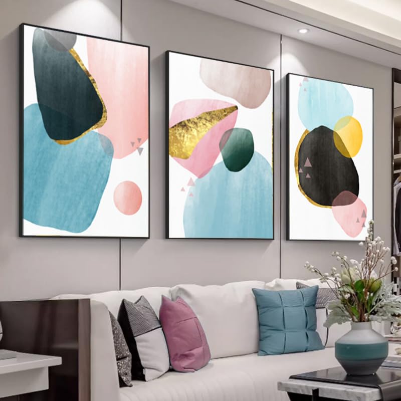 VARUFLY Framed Canvas Wall Art Set of 3 - Modern Color Block Patchwork Paintings for Living Room, Bedroom, Office & Kitchen Decor (Pink, 24x32 Inches) | Aesthetic Home Wall Decor & Gift Idea