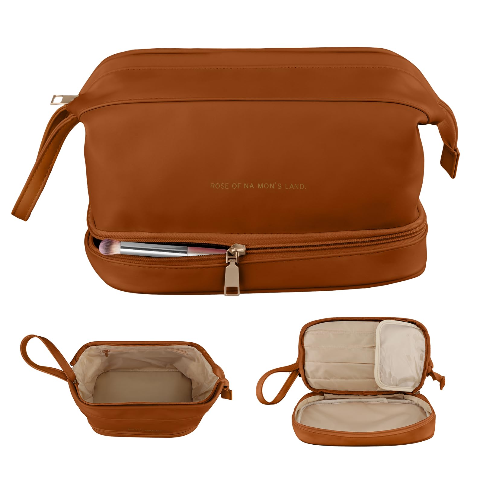 Women's Travel Cosmetic Bag - Double Layer Leather Makeup Organizer with Brush Compartments | Large Portable Toiletry Bag for Girls | Perfect for Airplane Carry-on, Vacation & Business Trips (Brown)