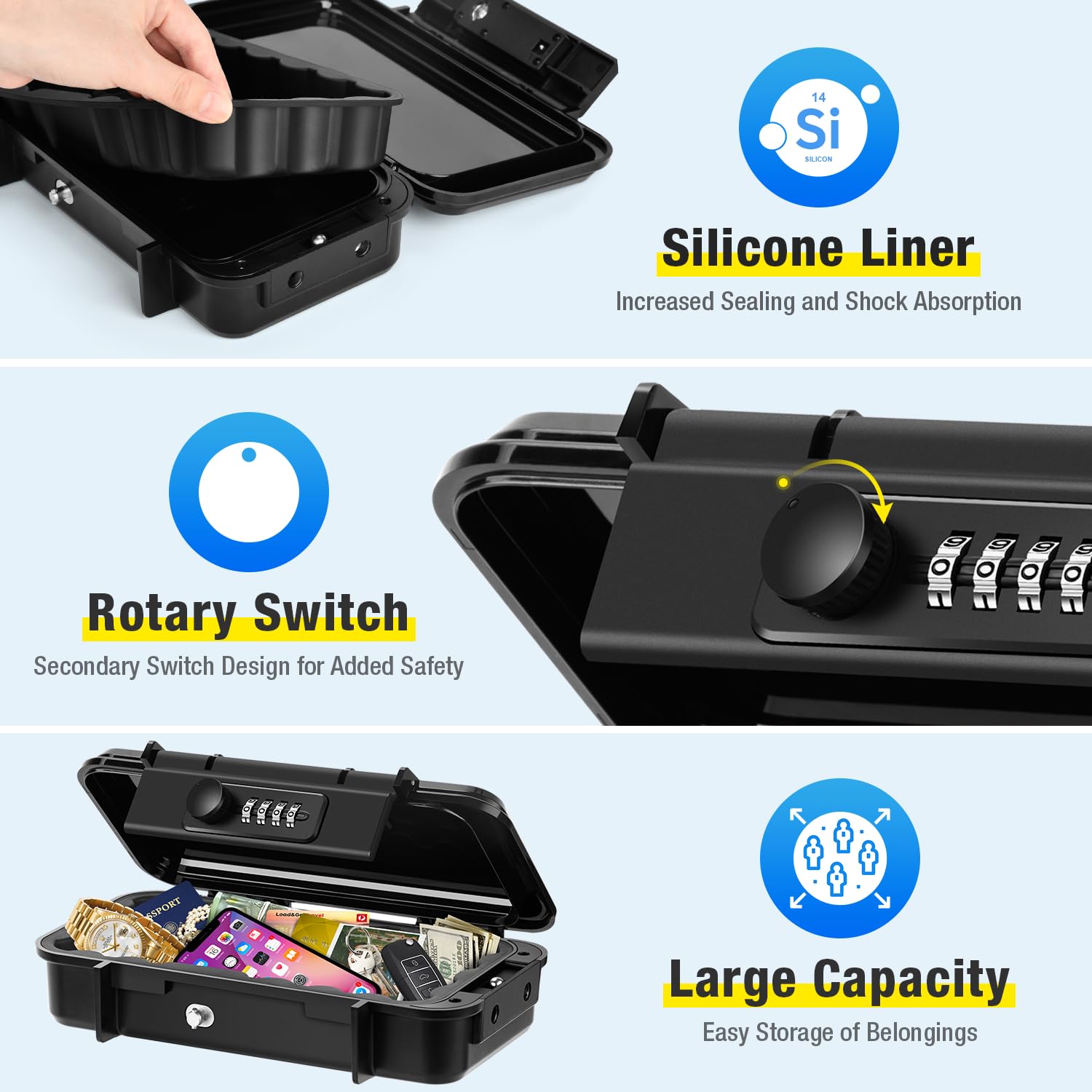 Waterproof Anti-Theft Portable Safe Box with Combination Lock & Removable Wire Rope - Secure Travel Lockbox for Beach, Hotel, Dorm, Home, Office & Car - Perfect for Vacation, Camping & Outdoor Adventures