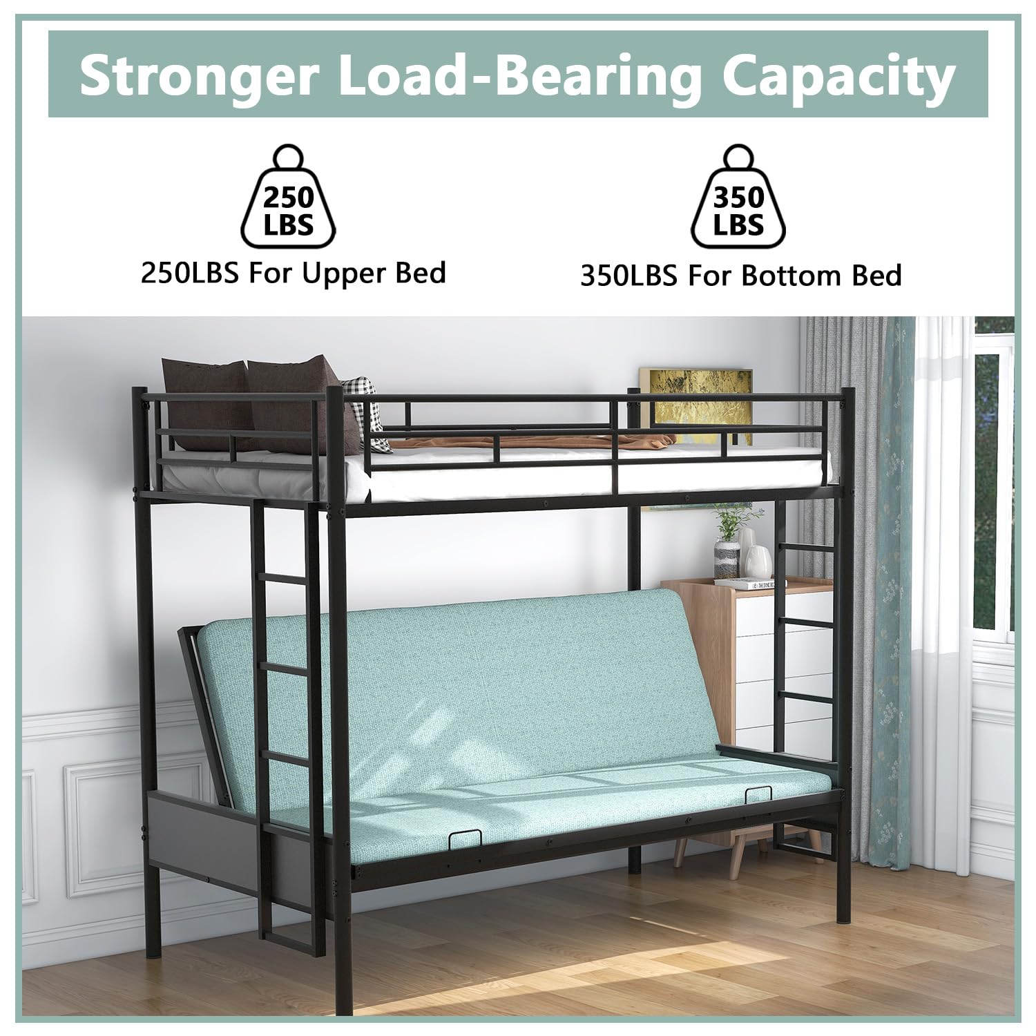 Convertible Twin Over Full Bunk Bed with Steel Frame - Sturdy Metal Bunk Bed with Guard Rail & Ladder for Kids, Teens & Adults - Space-Saving Black Bed Frame for Small Rooms, Guest Rooms & Dormitories