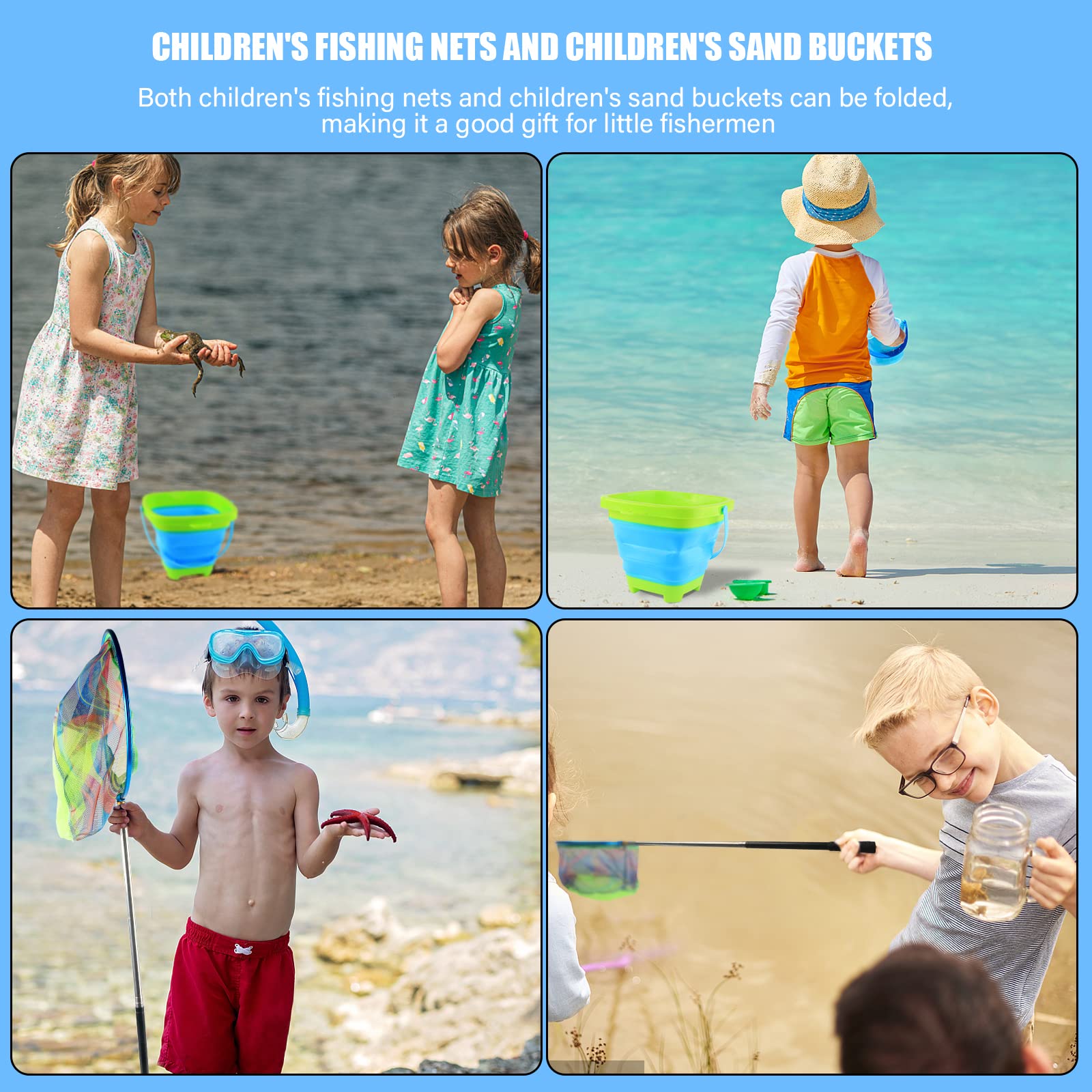 7-Inch Floating Telescopic Folding Fishing Net with Pliers & Lip Gripper - Foldable Sand Bucket Included | Portable Fishing Gear for Kids & Adults | Perfect for Beach, Lake & River Fishing