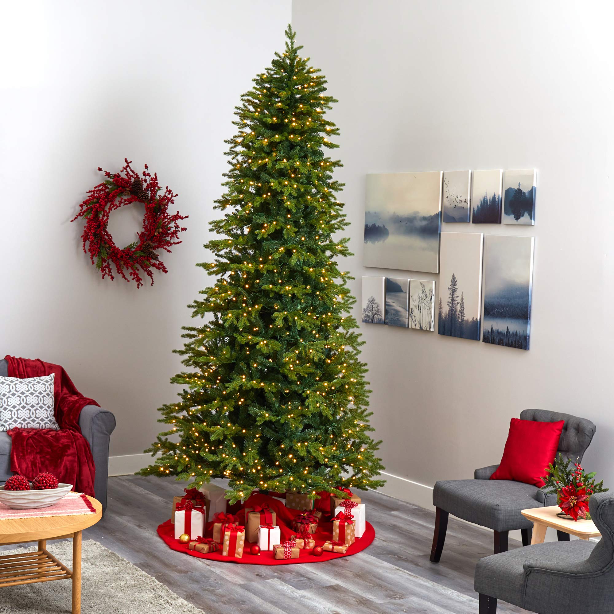 Nearly Natural 10ft Belgium Fir Artificial Christmas Tree with 1050 Clear LED Lights - Realistic Holiday Decor for Home, Office & Party Decorations