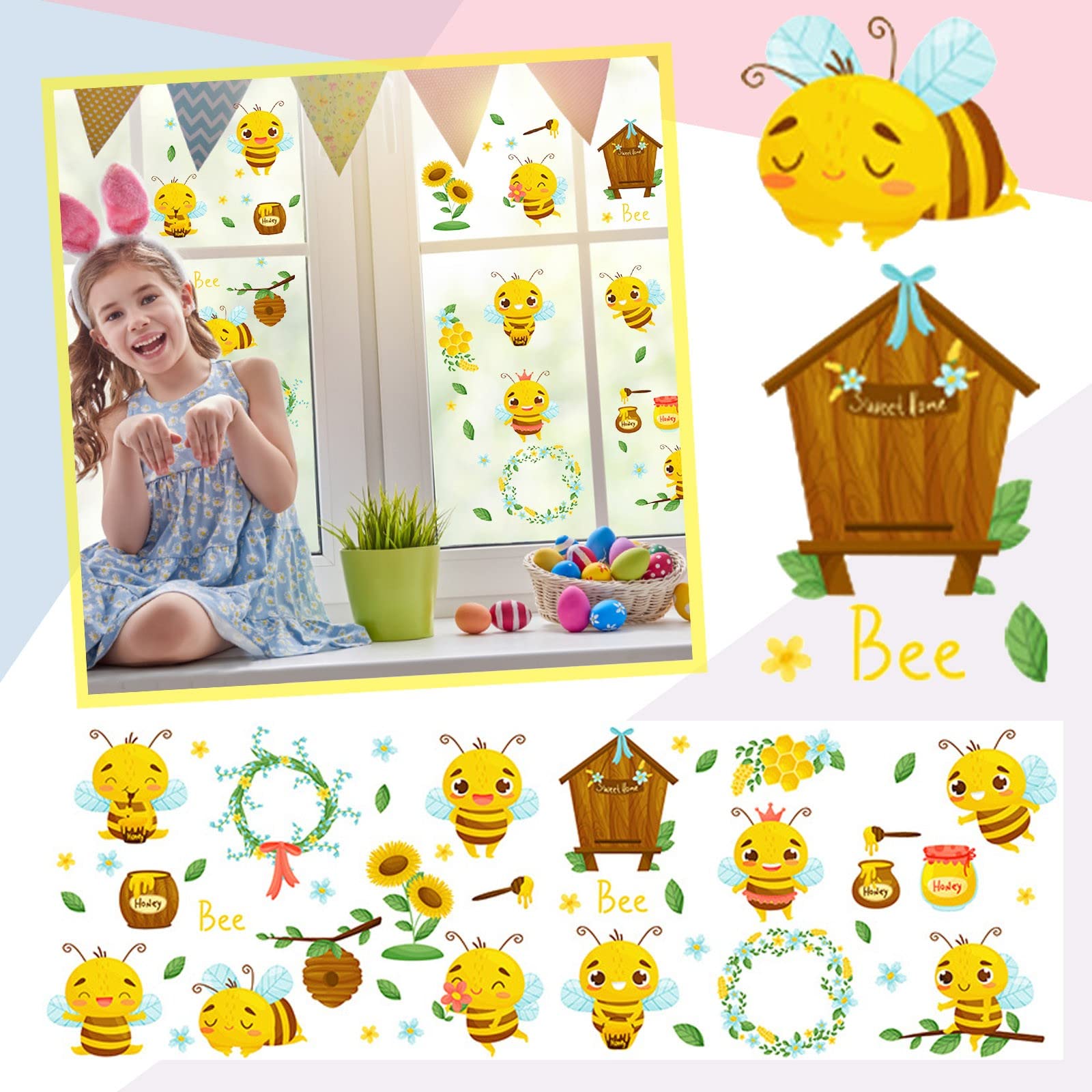 Cute Bee Stickers - Adhesive-Free Window, Wall & Fridge Decals - Perfect for Home, Office & Nursery Decor - Fun Room Decorations for Kids & Adults