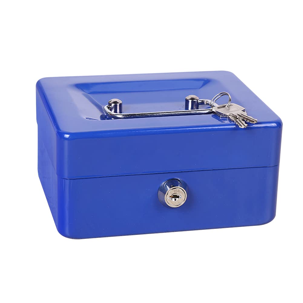 Portable Metal Cash Box with Lock - 6 Compartments Money & Coin Organizer (15x12x8cm, Blue) | Ideal for Small Business, Home Office, Retail Stores & Cash Handling