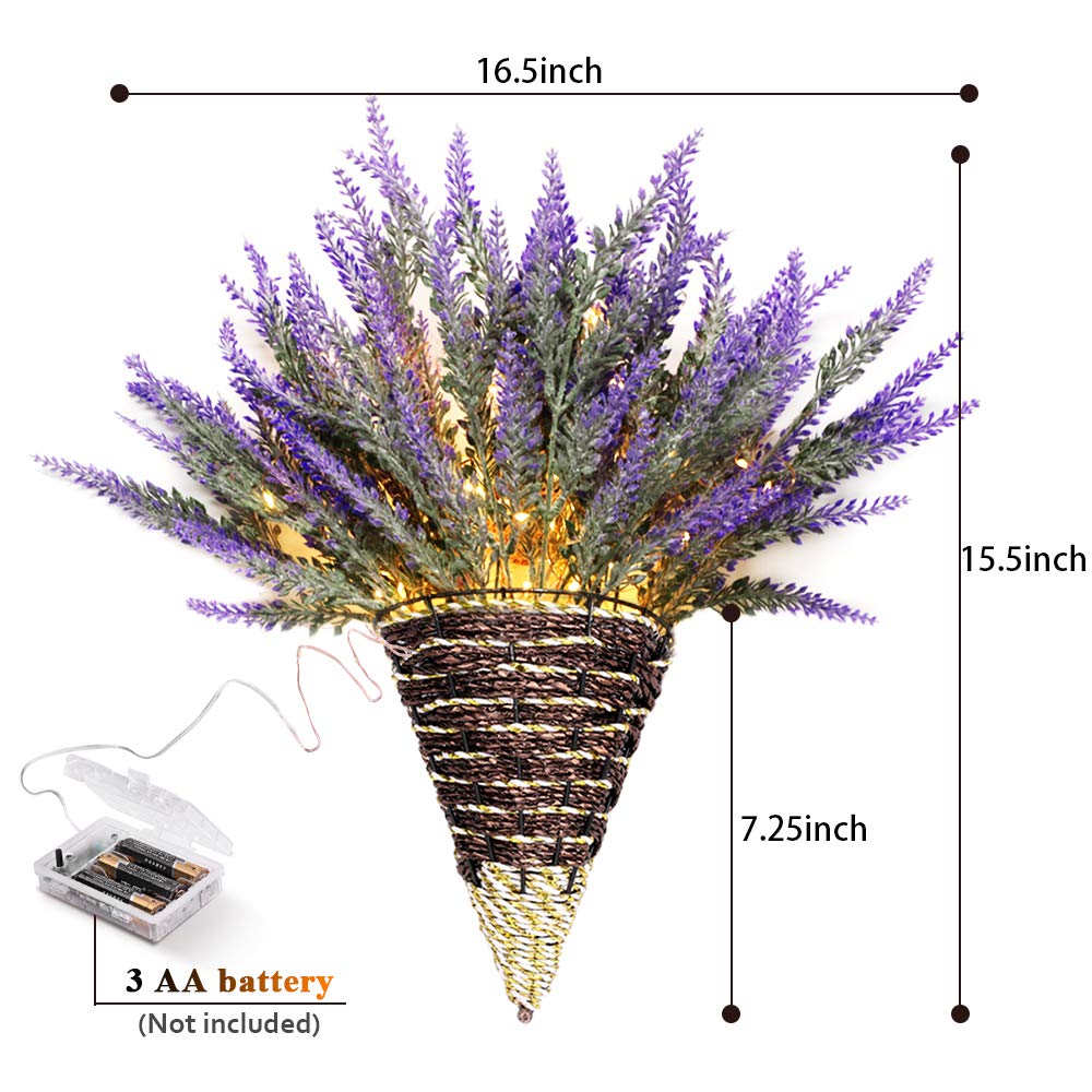 LED Lavender Wall Decor - Handmade Artificial Plant with Fairy Lights for Farmhouse, Kitchen & Bathroom Decor (2 Pack, Purple)