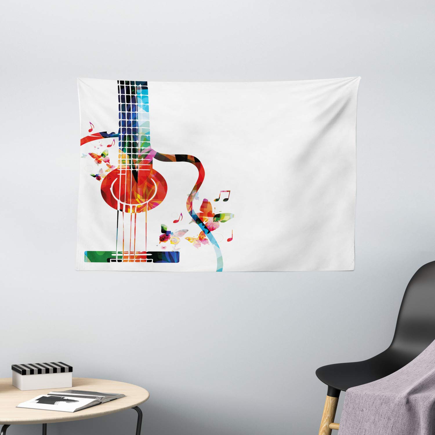 Ambesonne Guitar Tapestry Wall Art - Colorful Polygonal Musical Instrument Design with Strings & Butterflies - Nature Themed Home Decor for Bedroom, Living Room, Dorm - 60