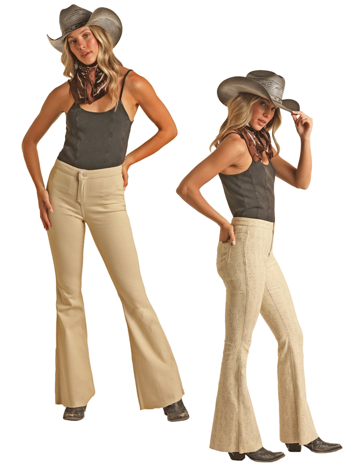 Women's Reversible Rock & Roll Denim Flare Pants with Button Front & Boot Stitch Detail - Natural Wash for Casual Wear and Music Festivals