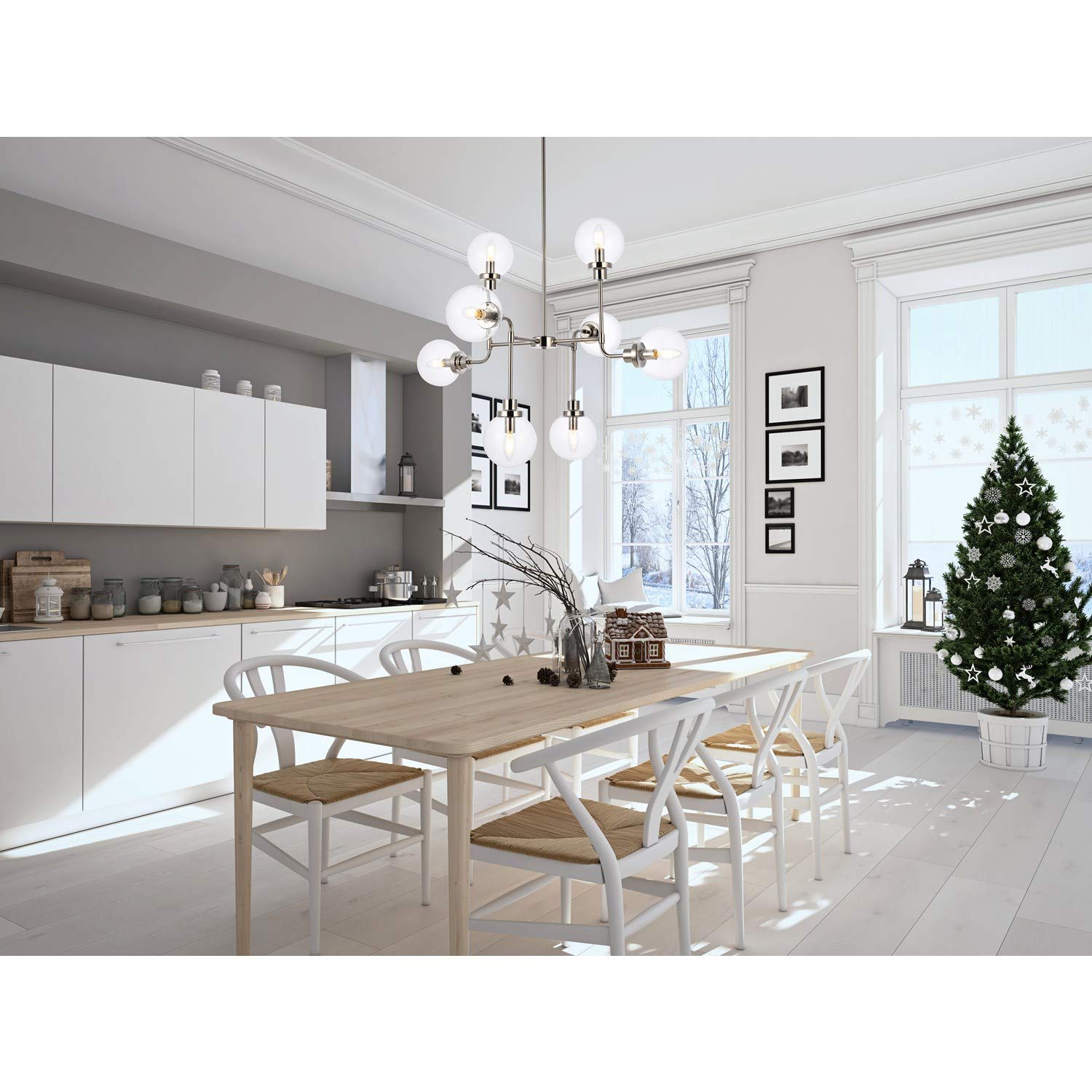 Hanson 8-Light Modern Pendant Lighting Fixture in Polished Nickel with Clear Glass Shade - Perfect for Dining Room, Kitchen Island, or Entryway Lighting