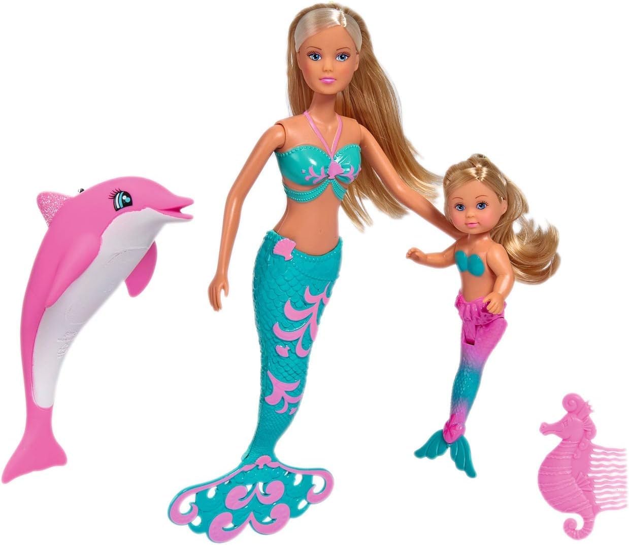 Simba Toys - Steffi Love & Evi Mermaid Doll Set with Dolphin Figure & Seahorse Comb | Best Gift for Girls Ages 3+ | Underwater Pretend Play, Bath Time Fun & Storytelling Adventures