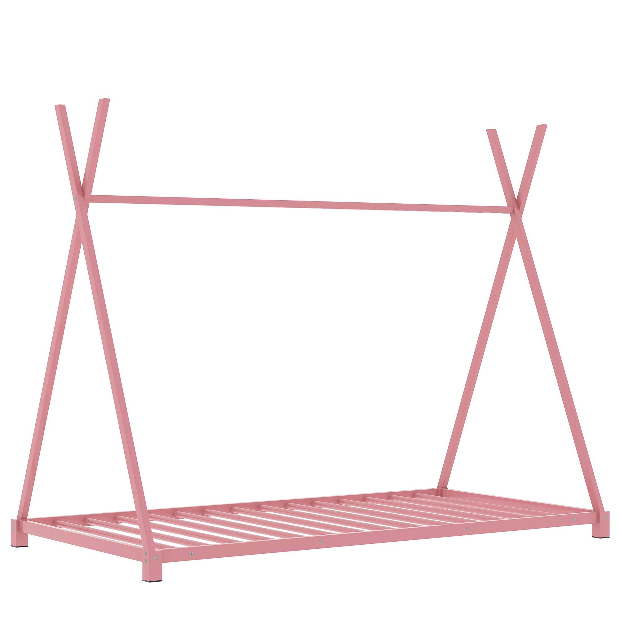 Montessori Twin Floor Bed Frame with Slats & Triangle Structure - Sturdy House Bed for Kids, Boys & Girls - Pink Wooden Toddler Bed for Playroom, Nursery or Kids Bedroom
