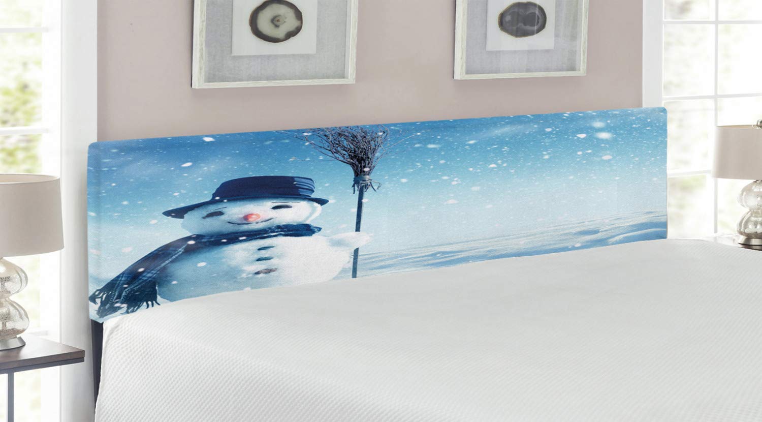 Ambesonne Snowman Headboard - King Size Upholstered Metal Bed Frame with Memory Foam, Winter Landscape Design in Pale Blue & Dark Blue | Perfect for Cozy Bedrooms & Holiday Home Decor