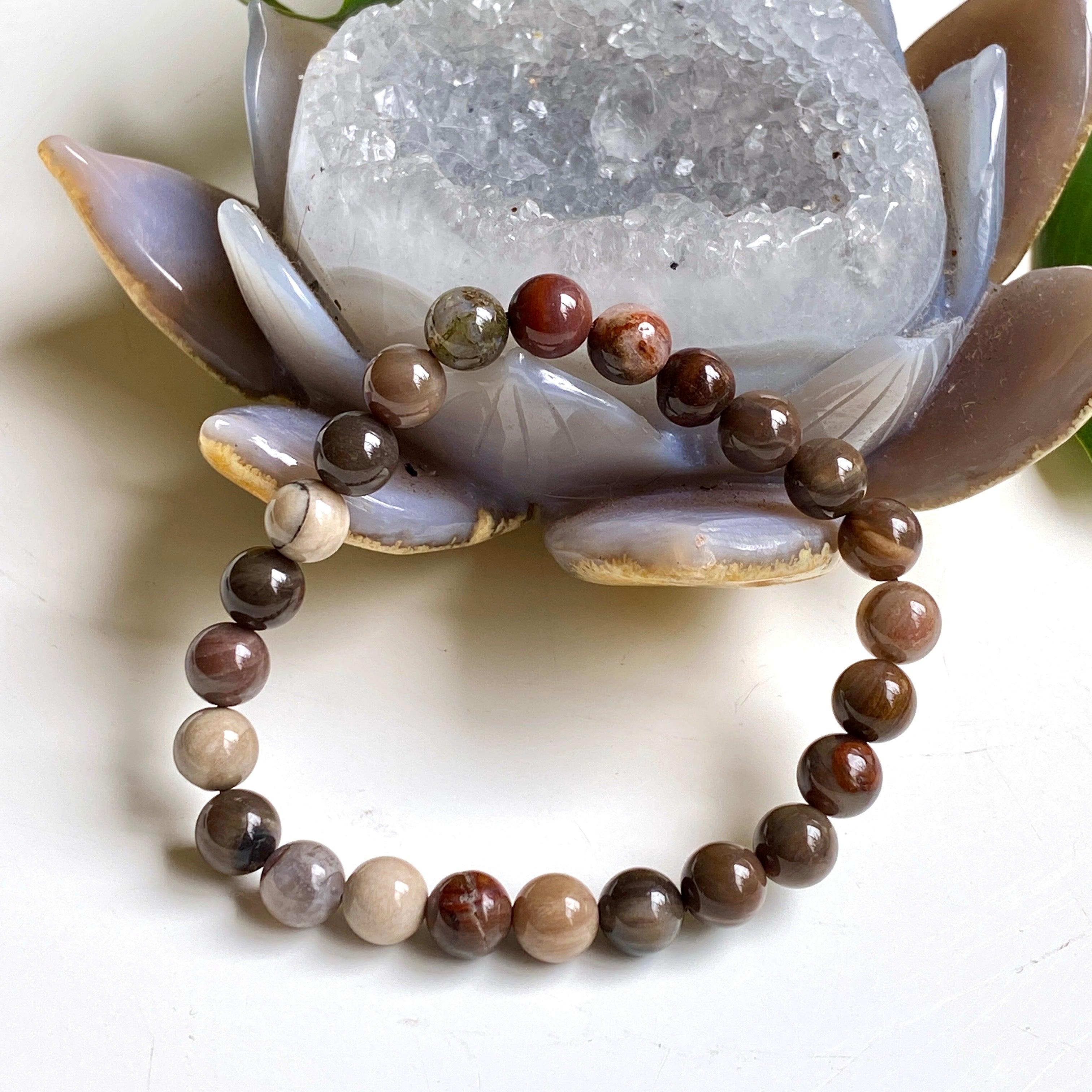 Natural Petrified Wood Beaded Bracelet for Women & Men - Unique Fossilized Stone Jewelry for Healing, Meditation & Spiritual Energy - Perfect for Gifts, Yoga & Boho Fashion