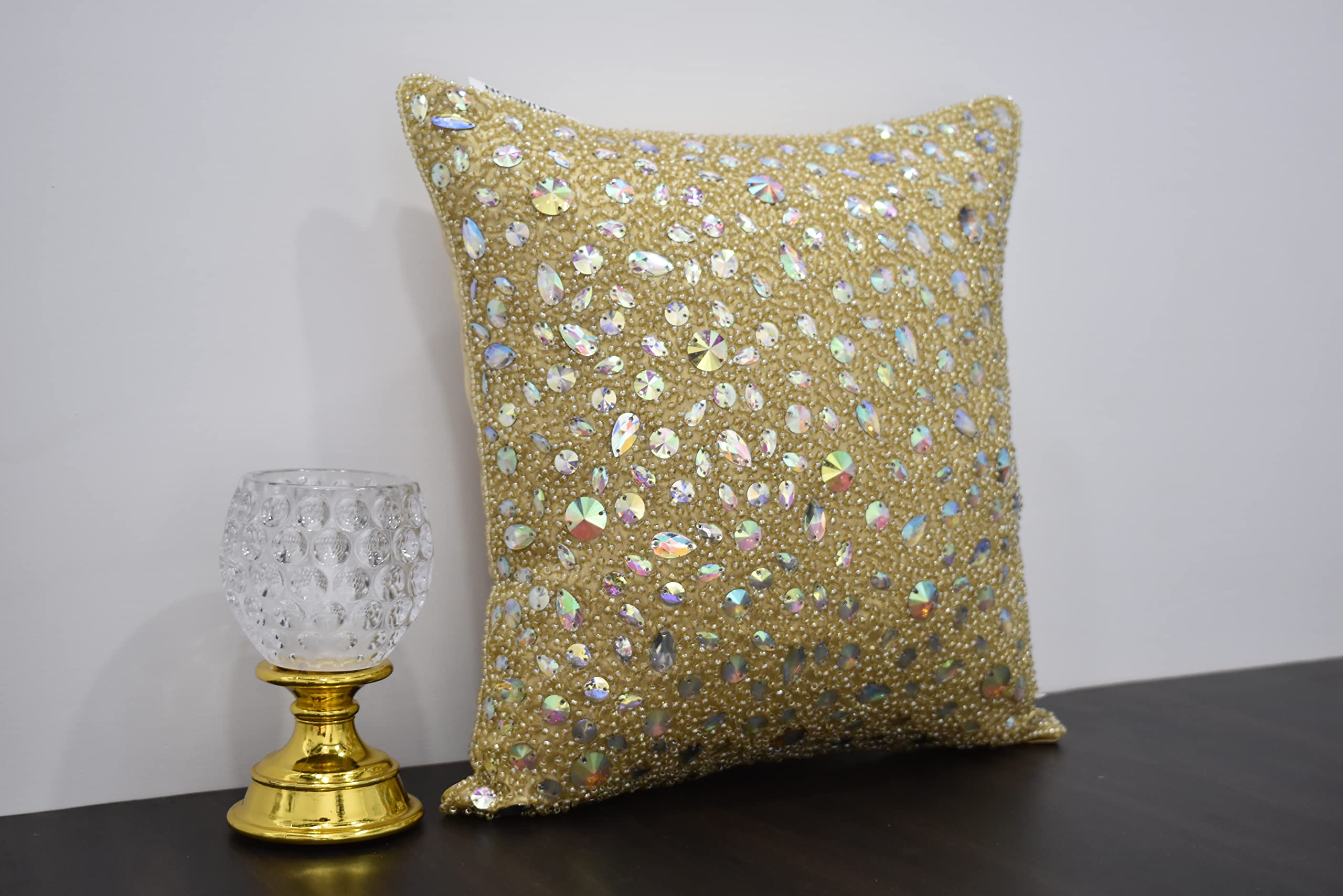 Luxury Gold Handmade Beaded Pillow Cover - 26x26 Inch Embroidered Decorative Throw Pillow for Sofa & Bed - Modern Embellished Custom Home Decor for Living Room, Bedroom & Nursery