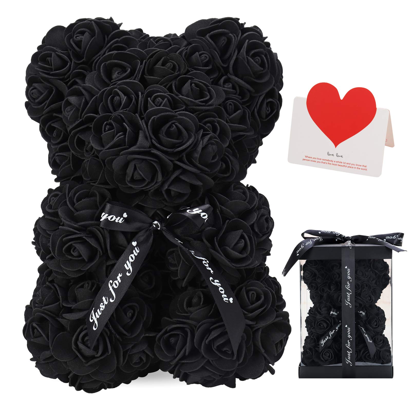 LINKLO 10-inch Artificial Rose Teddy Bear - Black Rose Flower Bear Gift for Valentine's Day, Wedding, Mother's Day & Anniversary with Transparent Gift Box | Romantic Home Decor, Wedding Centerpiece, Birthday Surprise