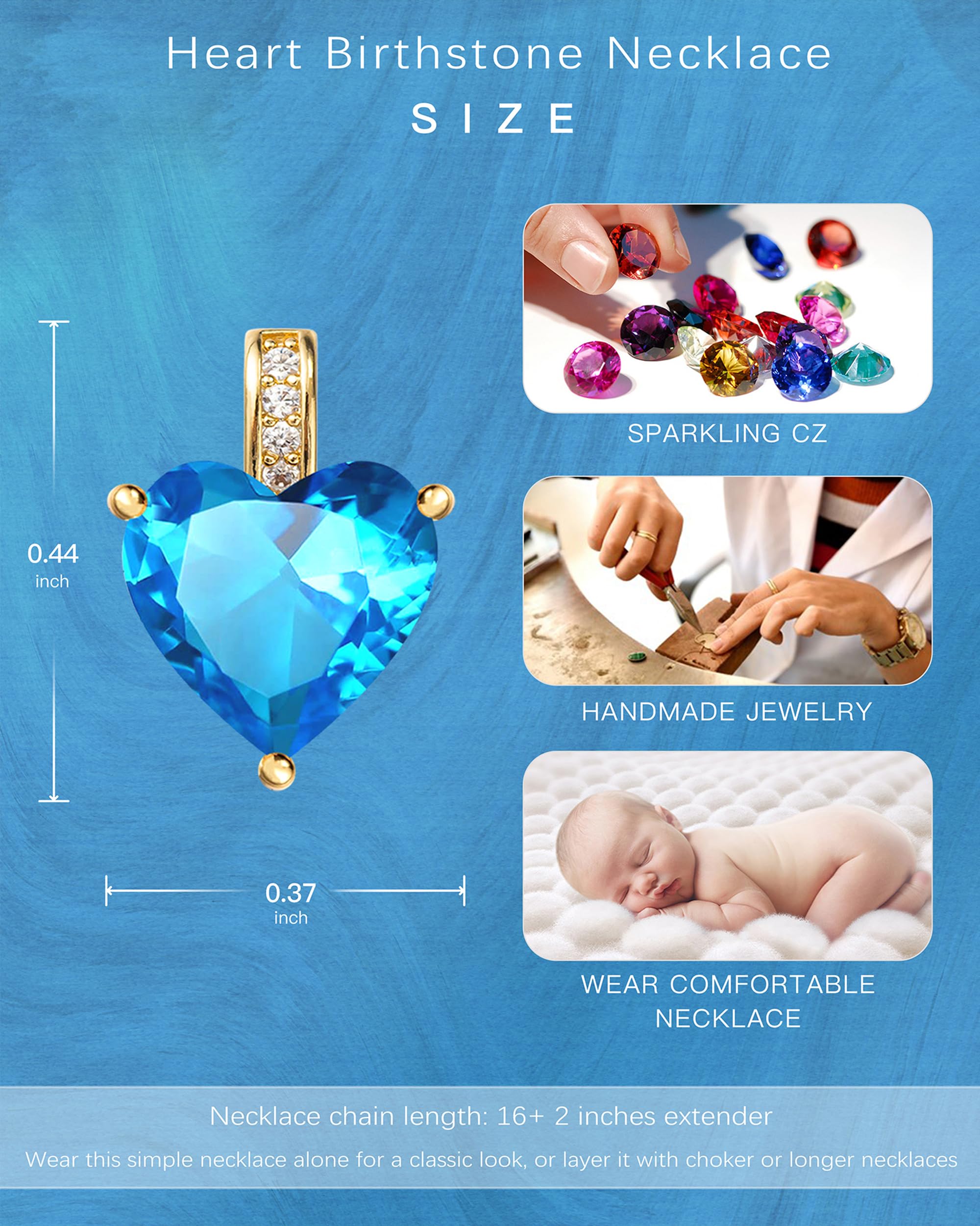 Authentic Birthstone Necklace for Women - Heart Pendant Love Jewelry, Personalized Birthday Gift for Her, Valentine's Day, Anniversary & Mother's Day Present