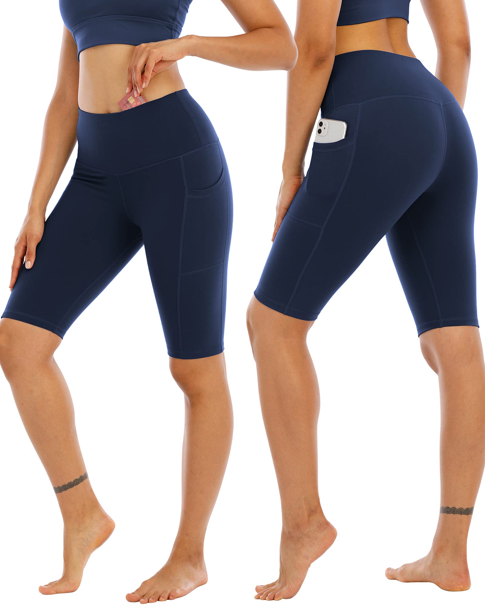 WHOUARE Women's High Waisted Yoga Shorts with Pockets - 4 Pack Workout Shorts for Running, Gym & Biking - Tummy Control Athletic Shorts for Yoga, Cycling & Active Lifestyle