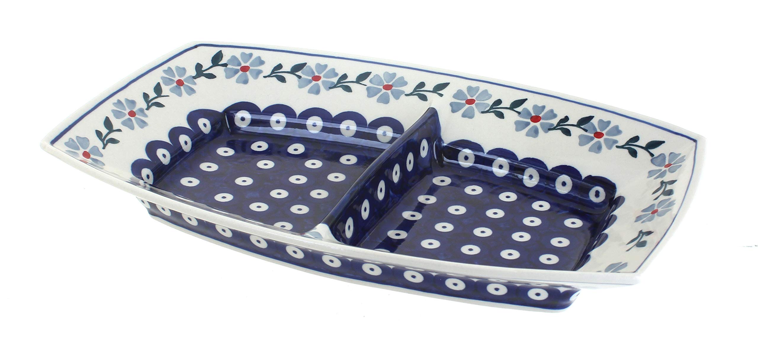 Handmade Polish Pottery Blue Rose Divided Serving Dish - Elegant Blue Violet Ceramic Bowl for Appetizers, Salads, and Party Snacks | Perfect for Entertaining, Dining, and Home Decor
