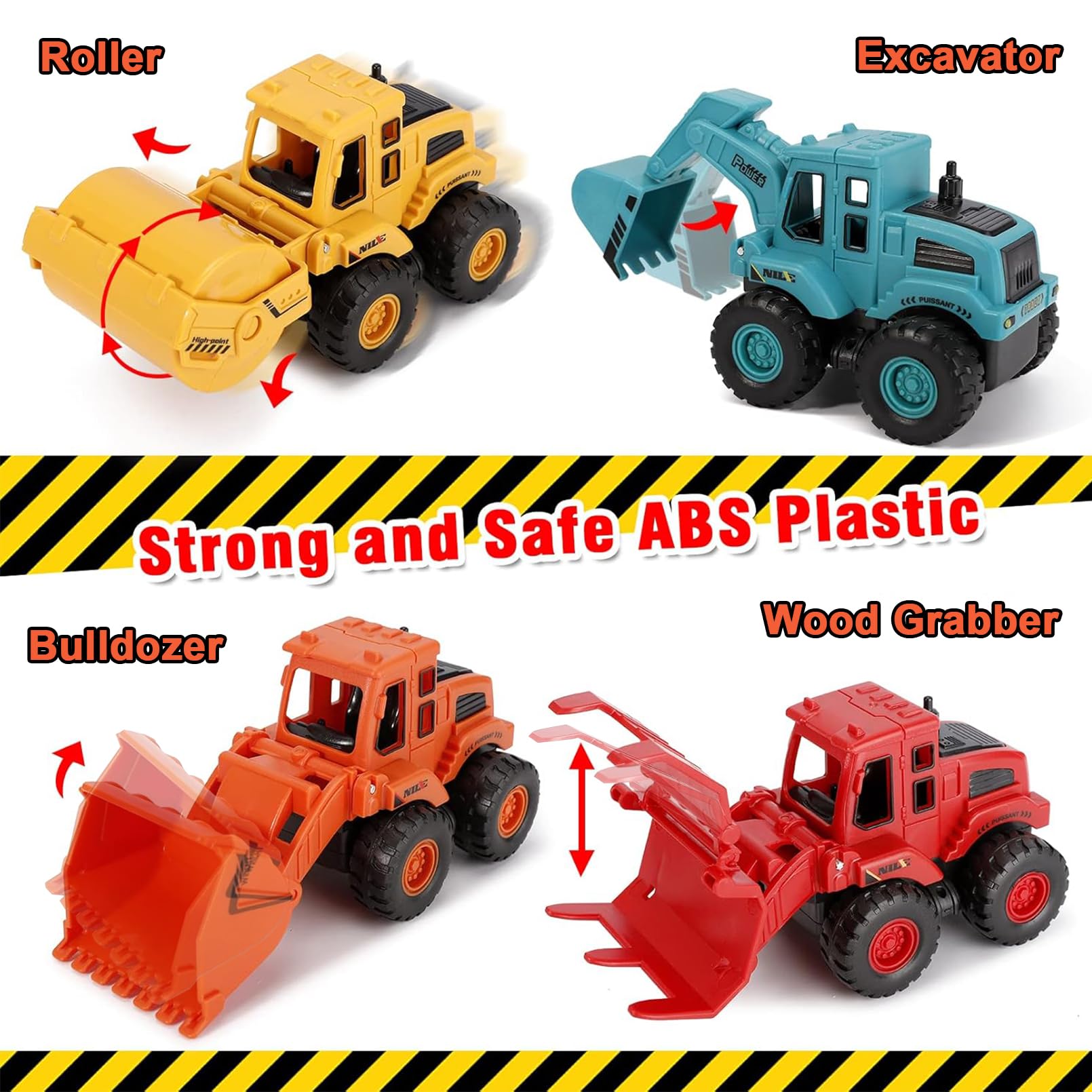 4PCS Construction Vehicle Toys Set - Friction Powered Mini Bulldozer, Excavator, Roller & Dump Truck - Fun Sand Play & Educational STEM Toys for Kids Boys Girls - Perfect for Birthday Gifts & Indoor/Outdoor Playtime