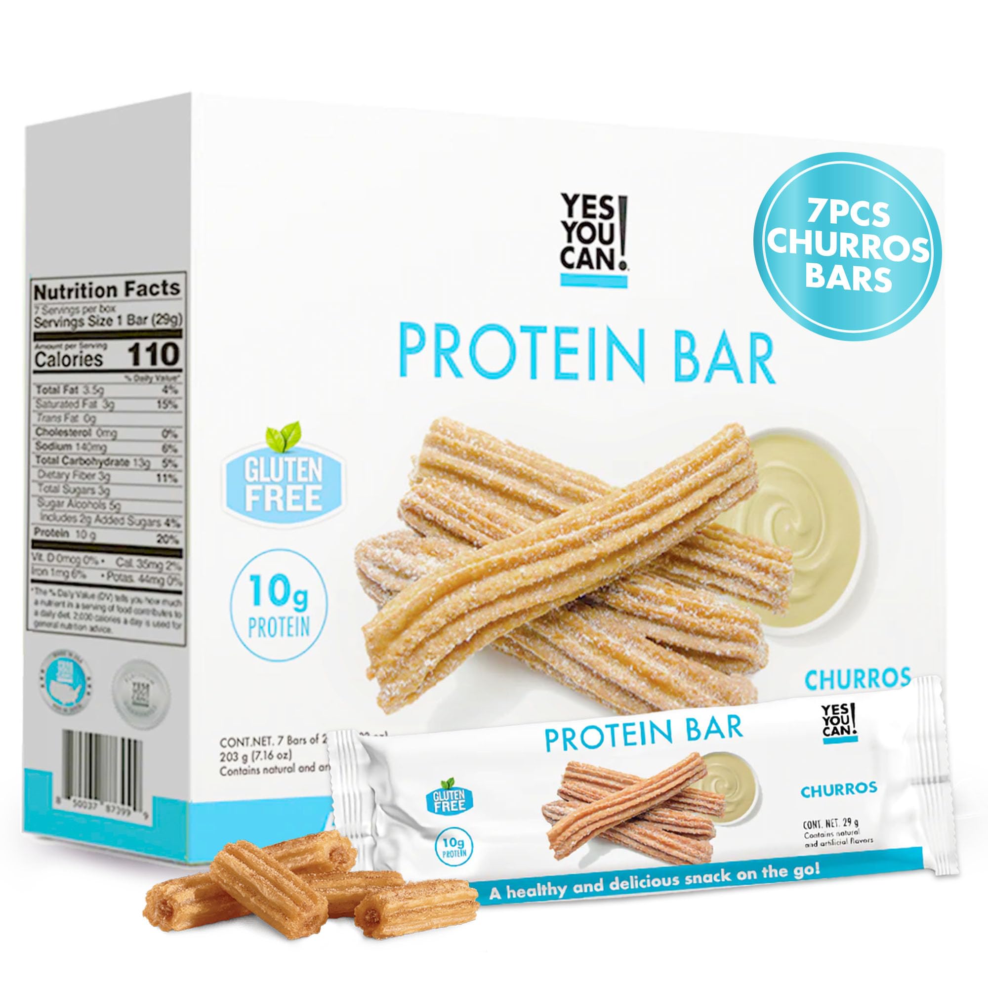 Yes You Can! High Protein Bars - Box of 7-1 Pack: Protein-Rich Snacks for the Whole Family, Healthy & Crunchy On-the-Go Snack with Savory Churro Flavor | Perfect for Gym, Hiking, School Lunches & Quick Energy Boost