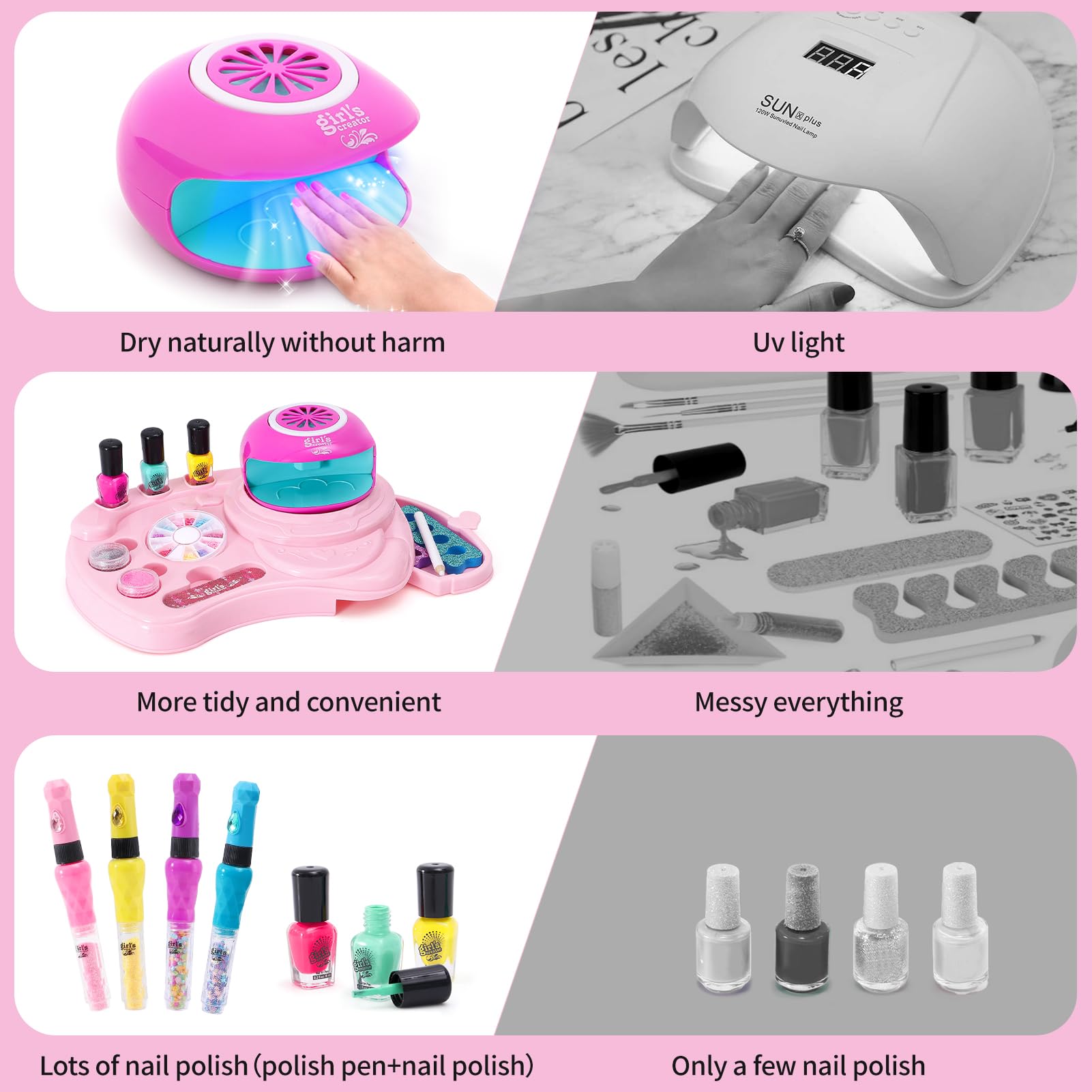Non-Toxic Kids Nail Polish Set for Girls Ages 4-13 - 4 Nail Art Pens, Mini Nail Dryer, 3 Polish Colors, 2 Storage Bases, Stickers & Glitter Powder - Birthday Gift & Salon Toy Kit for Pretend Play & Creative Nail Art Designs