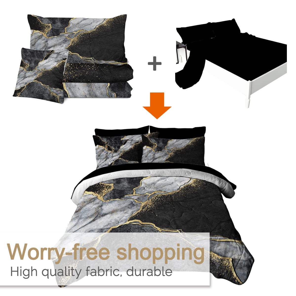 BlessLiving Black Gold White Marble Comforter Set King - 8 Piece Luxury Modern Bed in a Bag with Comforter & Sheets, Abstract Design Bedding Set for Master Bedroom, Guest Room & Hotel Decor