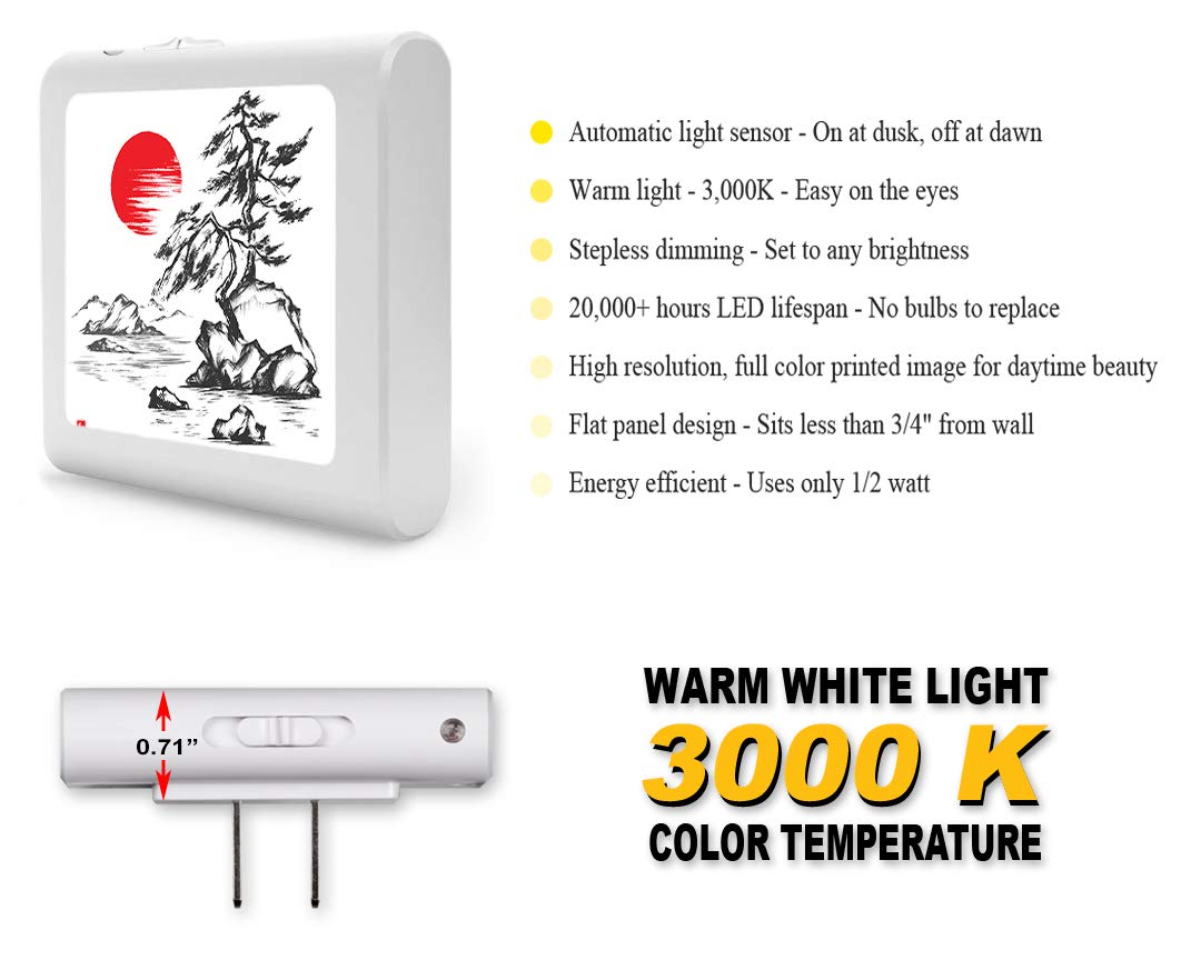 Dimmable LED Night Light with Auto On/Off Sensor, Adjustable Brightness & Warm White Light - Perfect for Bathroom, Hallway, Nursery, Bedroom - Sunset River Art Design for Soothing Nighttime Ambience
