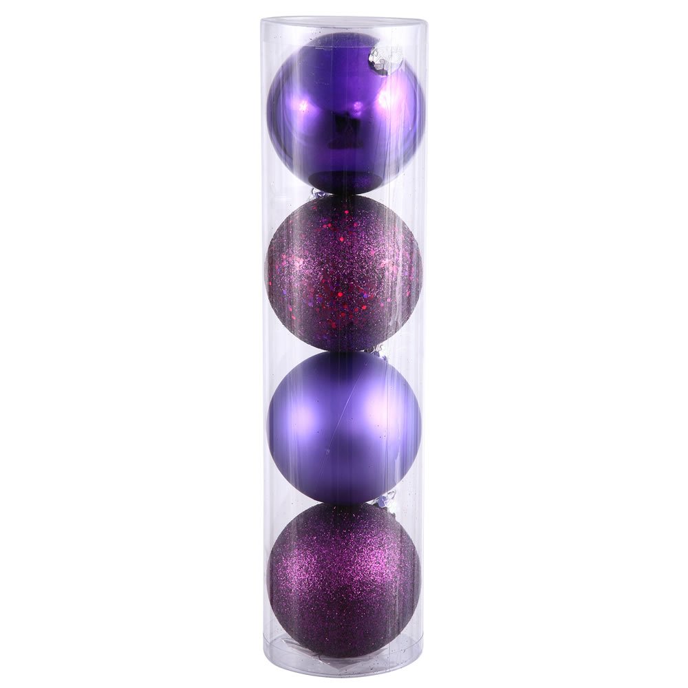 Vickerman 12-Inch Plum Christmas Ball Ornament Set - 4 Finishes in 1 Pack (4 per Bag) for Holiday Tree Decor, Home & Office Festive Decorations
