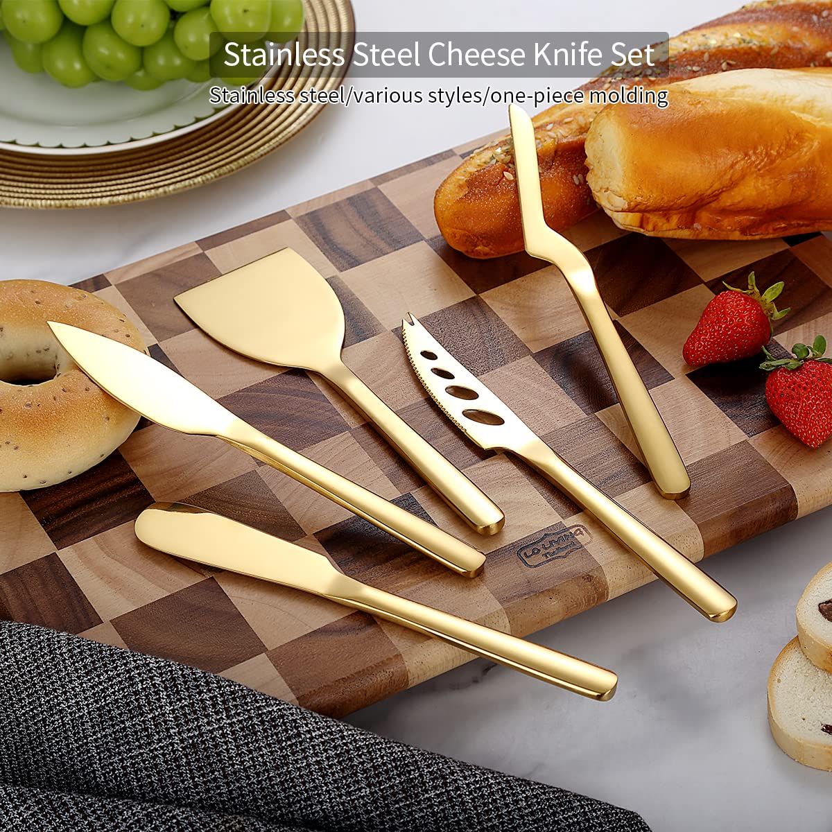 Premium 5-Piece Gold Cheese Knife Set - Titanium Plated Cheese Slicer & Butter Spreader - Ergonomic Handle for Comfortable Cutting - Perfect for Cheese Boards, Charcuterie & Dinner Parties
