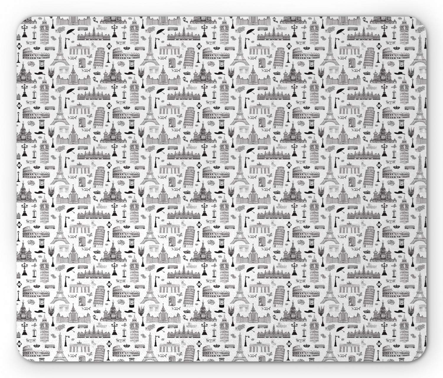 Ambesonne Europe Travel Themed Mouse Pad - Famous Landmarks of England, France, Germany & Italy - Non-Slip Rubber Base - Standard Size Black & White Mousepad for Office, Gaming & Home Computer Use