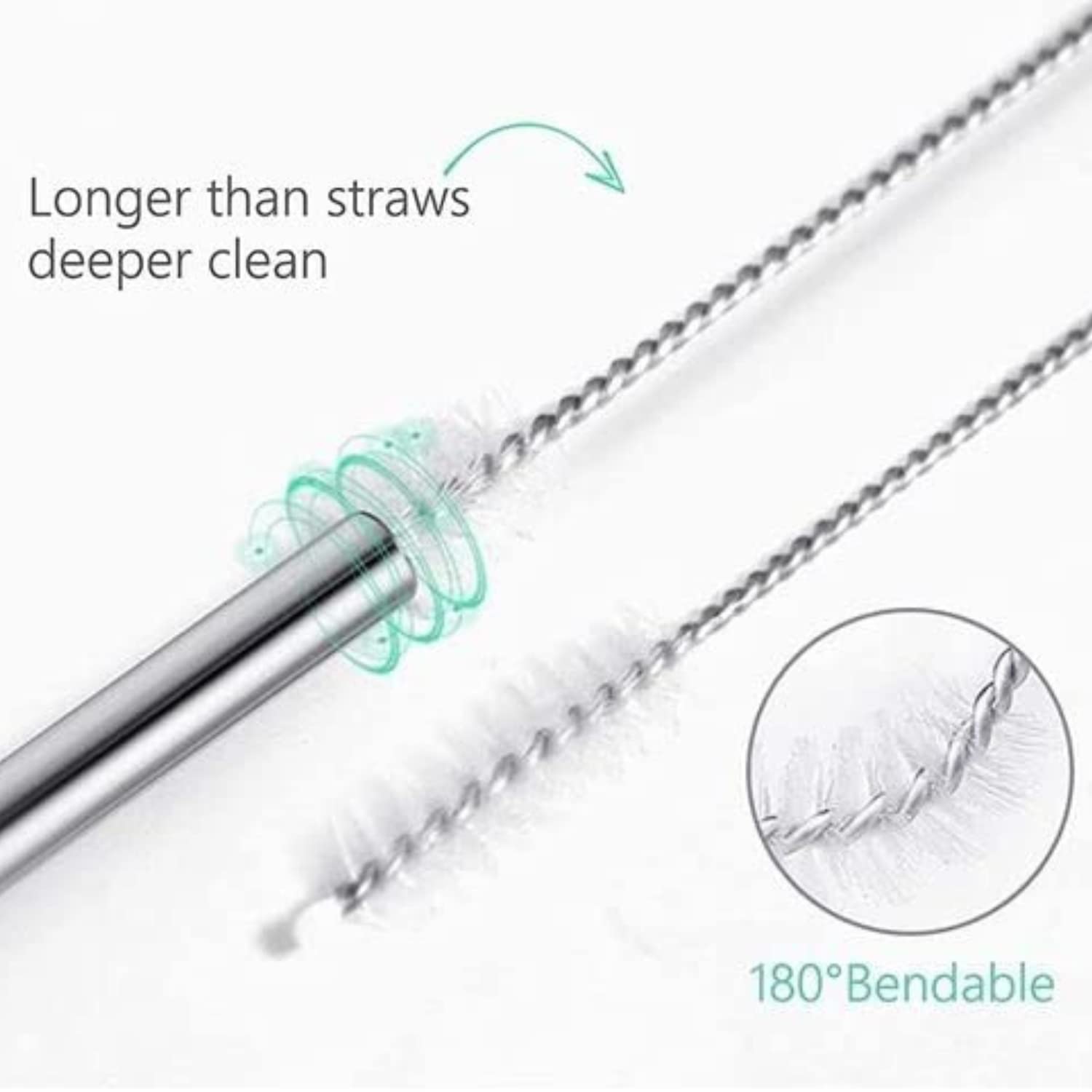 NYRWANA 360-Degree Rotating Straw Cleaning Brush with Long Handle - Stainless Steel Drinking Straw Cleaner for Reusable Cups, Tumblers, and Water Bottles - Perfect for Home, Office, and Travel Use