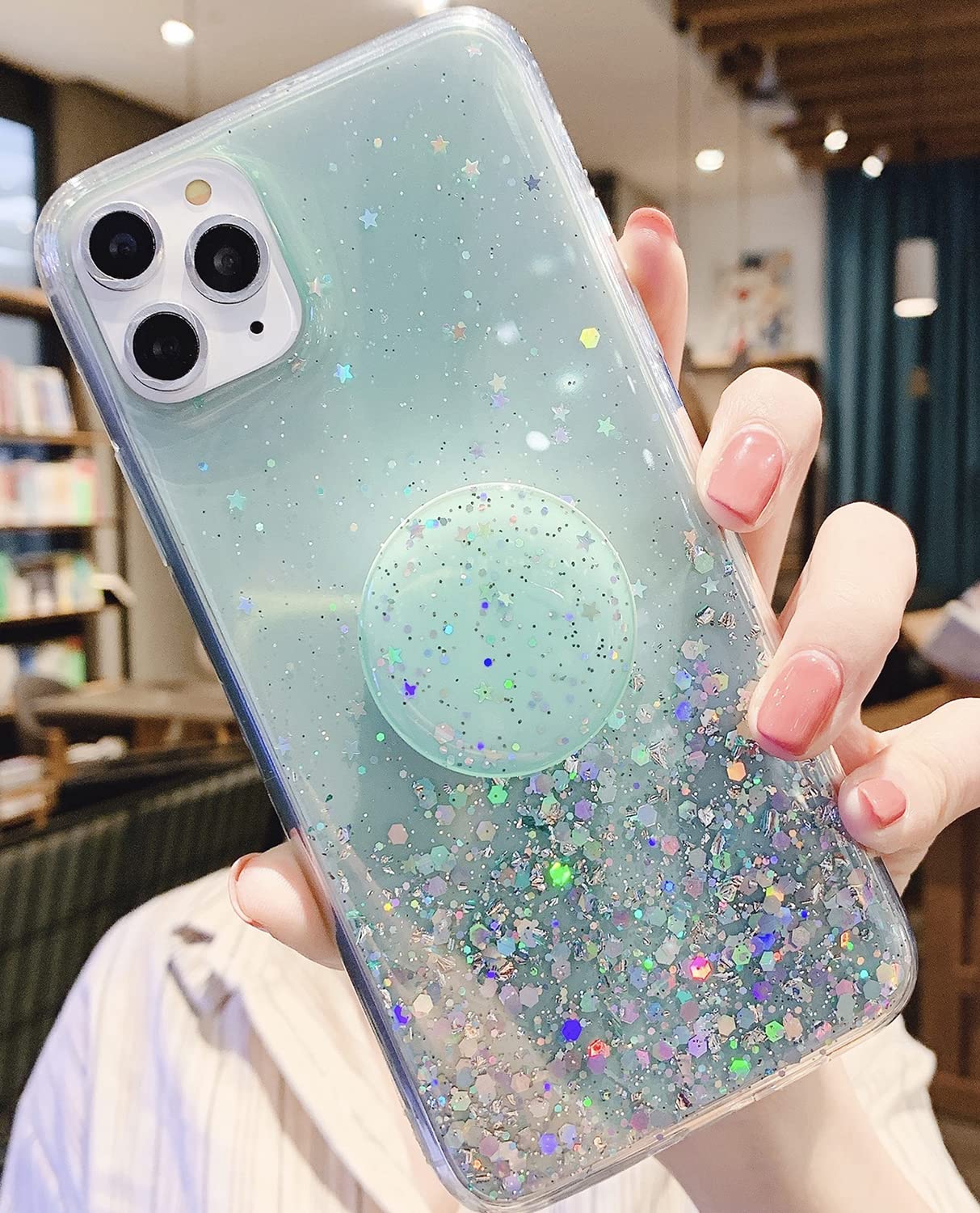 Sparkle Glitter iPhone 13 Pro Max Case for Women - Cute Bling Protective Cover with Ring Kickstand | Soft Shockproof Phone Shell | 6.7 Inch Green Case for Daily Use, Work & Party Accessory