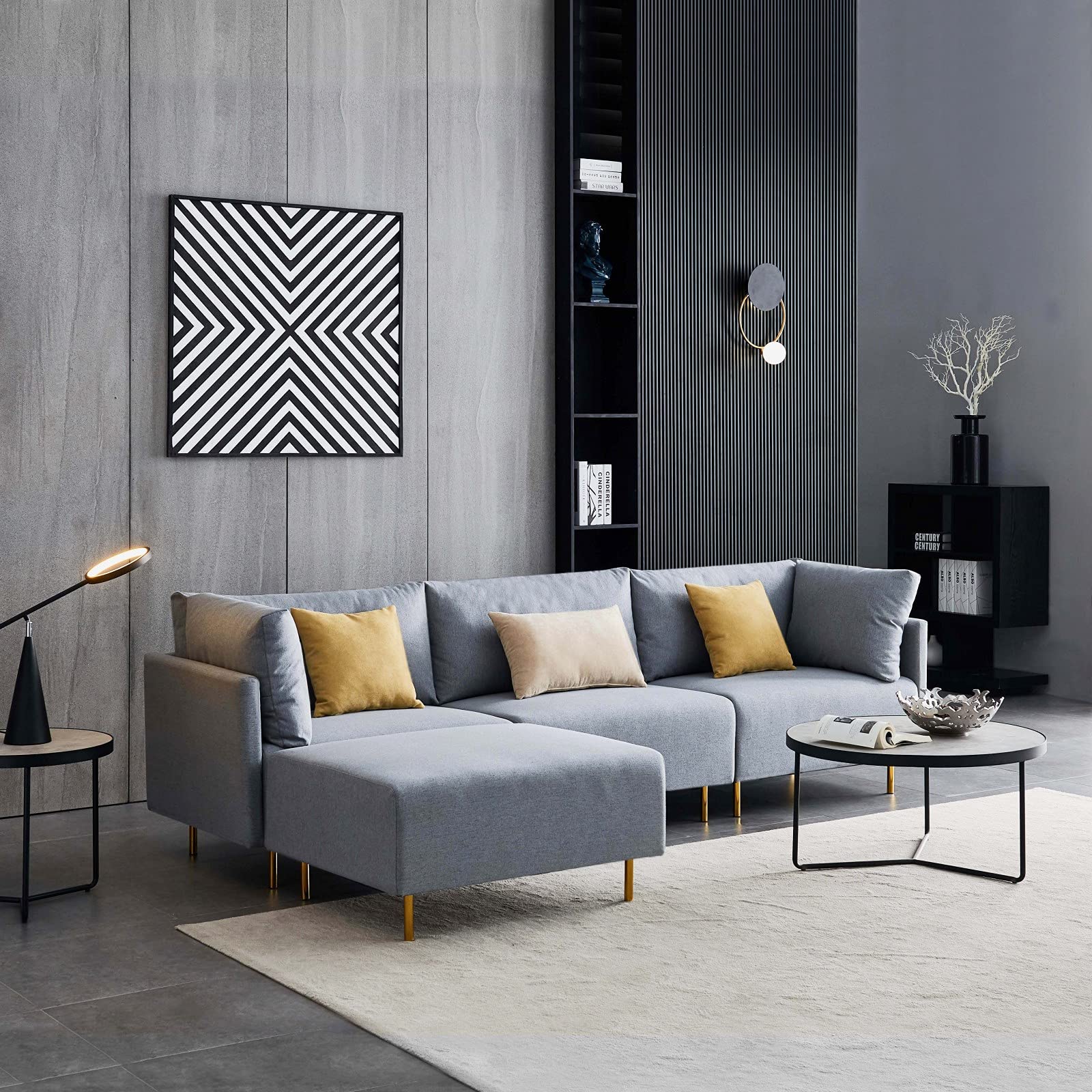 Modern L-Shaped Sectional Sofa with Pillows - Convertible Linen Upholstered Couch with Soft Seat, Wide Armrest & Comfortable Backrest - Space-Saving Living Room Furniture for Small Apartments, Home Theater & Cozy Lounge Areas - Gray