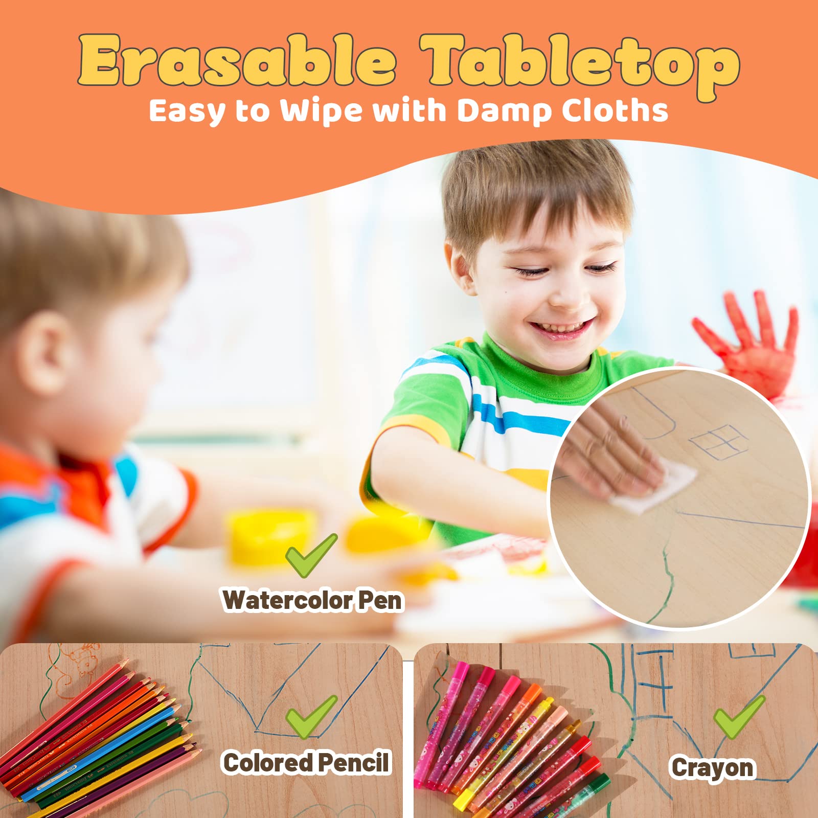 FUNLIO Adjustable Height Kids Table and 4 Chairs Set for Toddlers Ages 3-8 | Easy to Clean Arts & Crafts Table with Wipeable Surface | Perfect for Classrooms, Daycares, Playrooms & Home Use | CPC & CE Certified 5-Piece Set (Natural Wood) - Ideal for Drawing, Learning Activities & Playtime