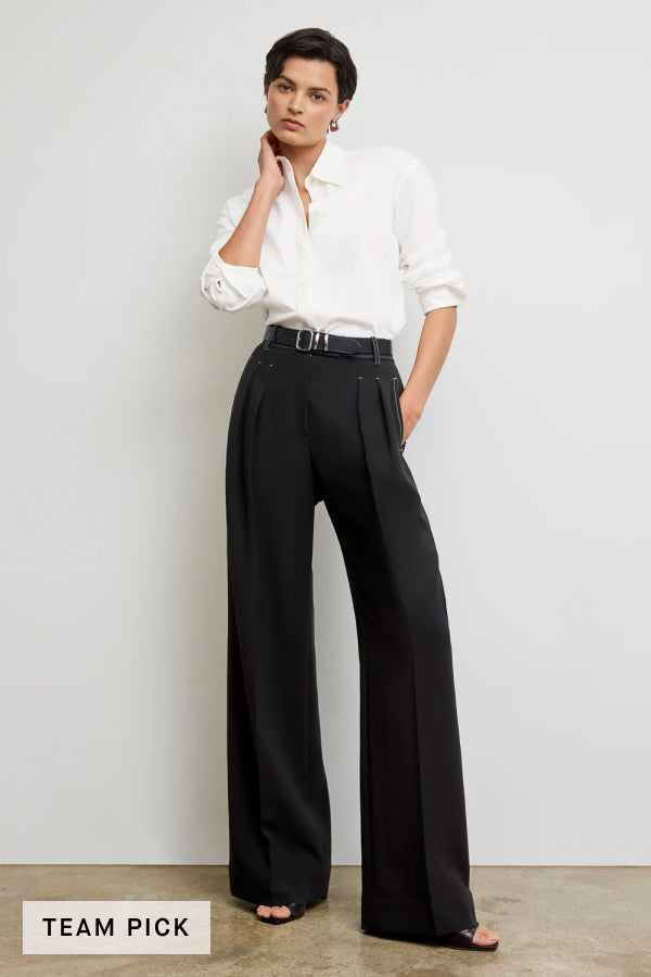 Bia Pleated Trousers for Women - High Waist Everyday Crepe Pants with Topstitch Detail - Comfortable Office Work Pants - Black - Perfect for Business Casual & Professional Wear