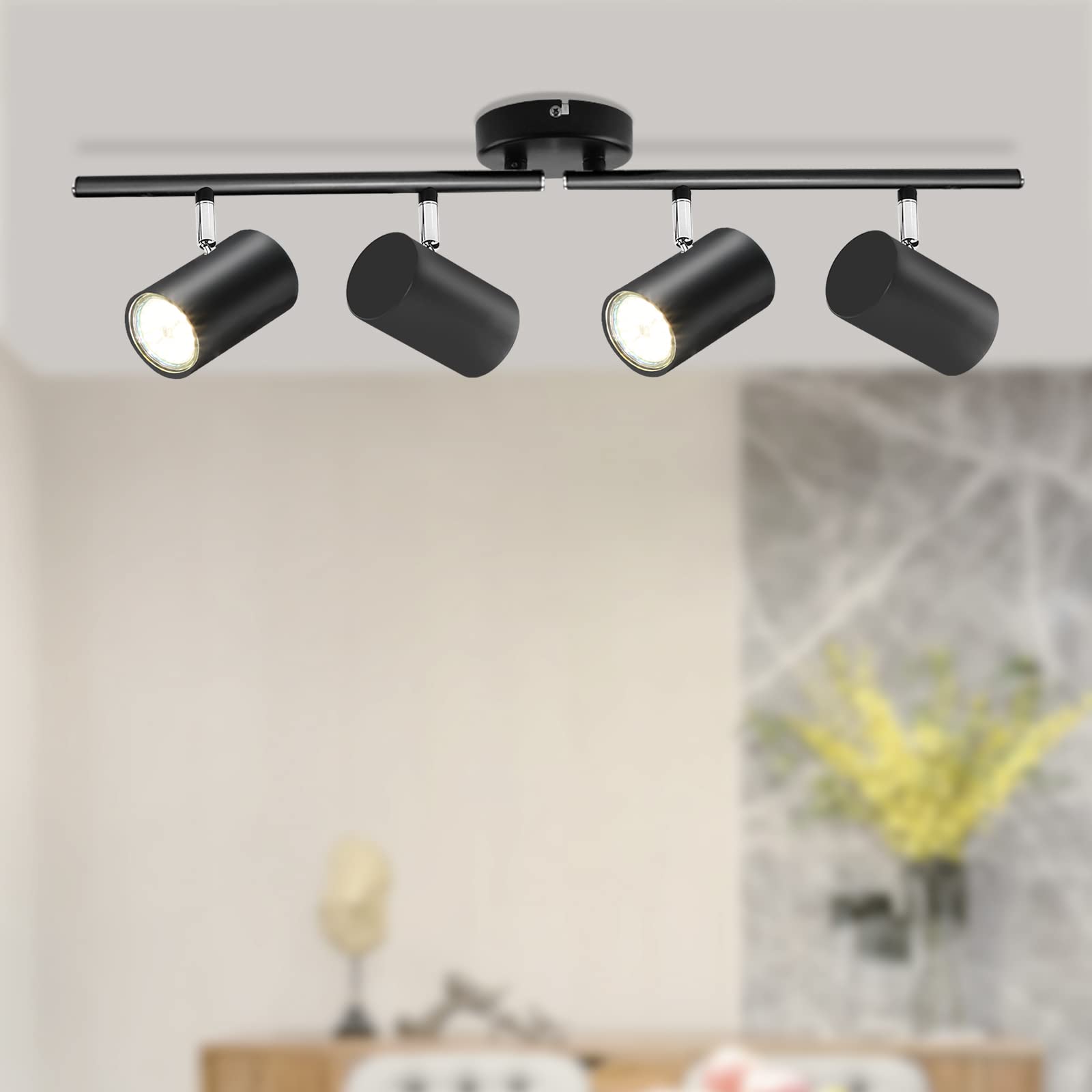Kimjo 4-Light Black Adjustable LED Track Lighting Fixture for Ceiling - 4 Way Track Light Kit with GU10 Socket - Modern Spot Lighting for Kitchen, Dining Room, Bar, Office & Retail Spaces