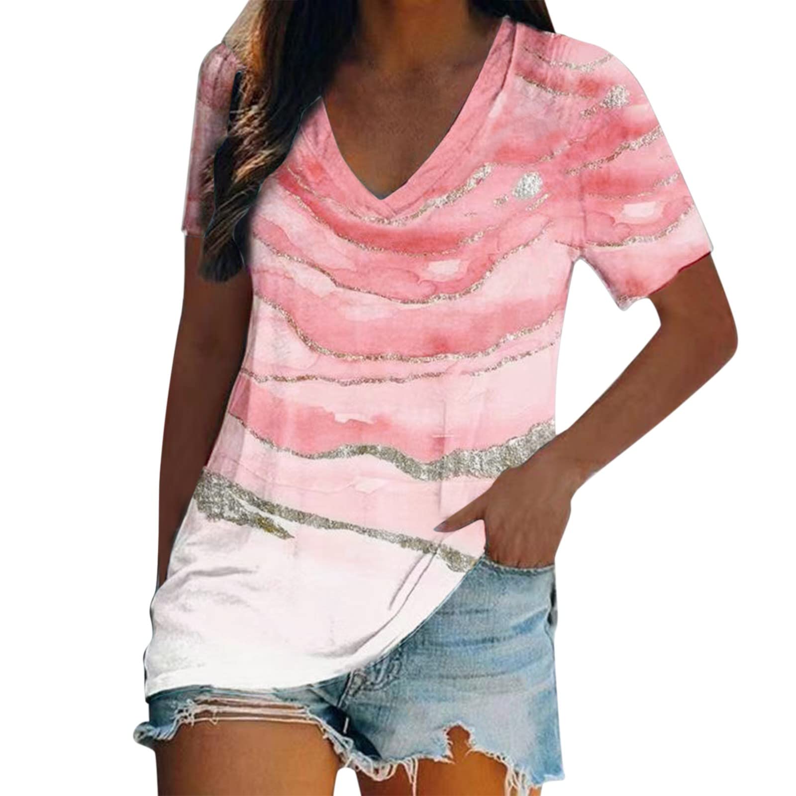 Women's Summer Short Sleeve V-Neck Tie-Dye Printed Casual T-Shirt - Soft Cotton Tee for Beach, Music Festivals & Everyday Wear
