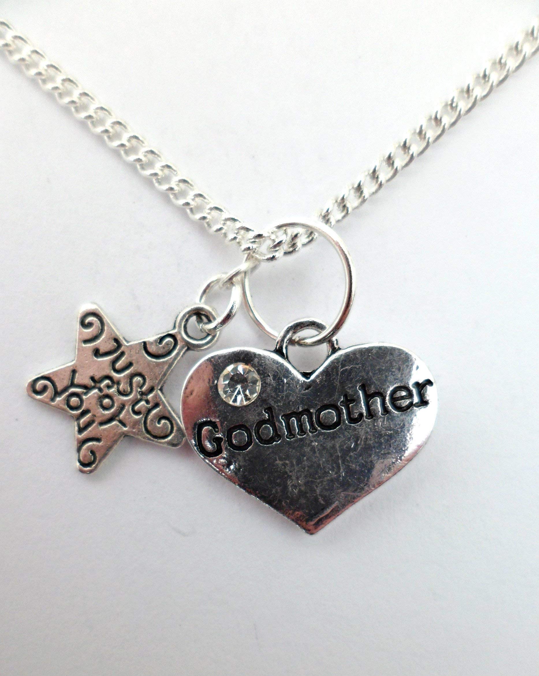Sterling Silver Godmother Necklace with Heart Charm & Gemstone Pendant - Perfect for Gifts, Baptisms, and Special Occasions