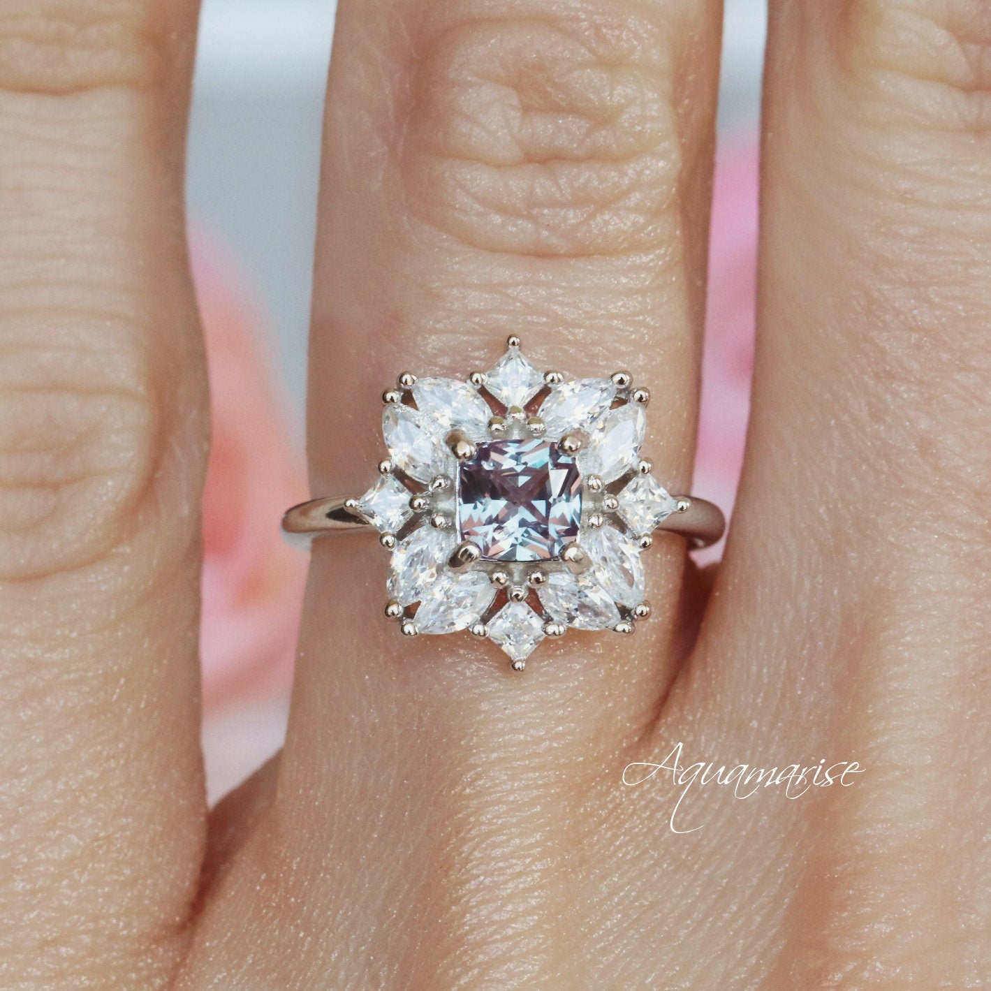 Alexandrite Ring for Women - Sterling Silver 925 Magnolia Flower Design, Adjustable Size for Engagement, Anniversary & Gift Giving