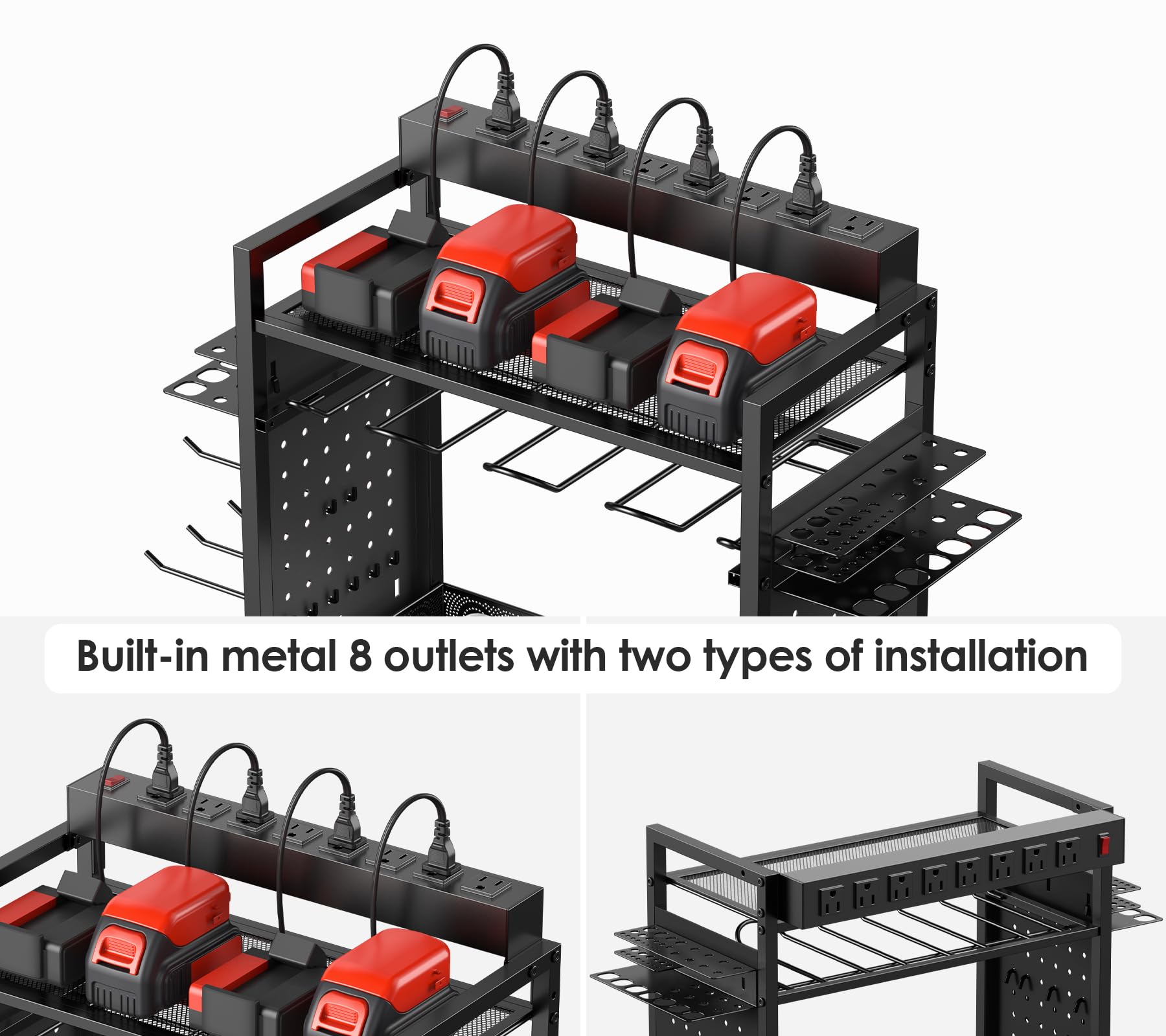 CCCEI Rolling Tool Cart with Charging Station - Mobile Garage Storage Organizer for Power Tools, Drills & Batteries - Heavy Duty Utility Cart with Wheels & Power Strip - Perfect for Mechanics, DIY Workshops & Home Garage Organization (Black)