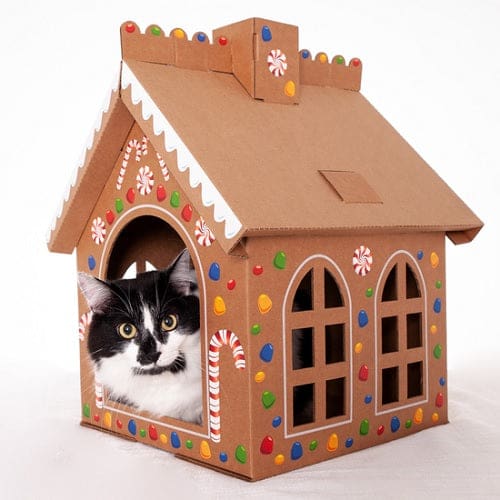 Gingerbread House Cardboard Box Cat Playhouse - Cozy Holiday Pet Hideaway for Kittens & Cats | Perfect for Christmas Decor & Indoor Cat Entertainment