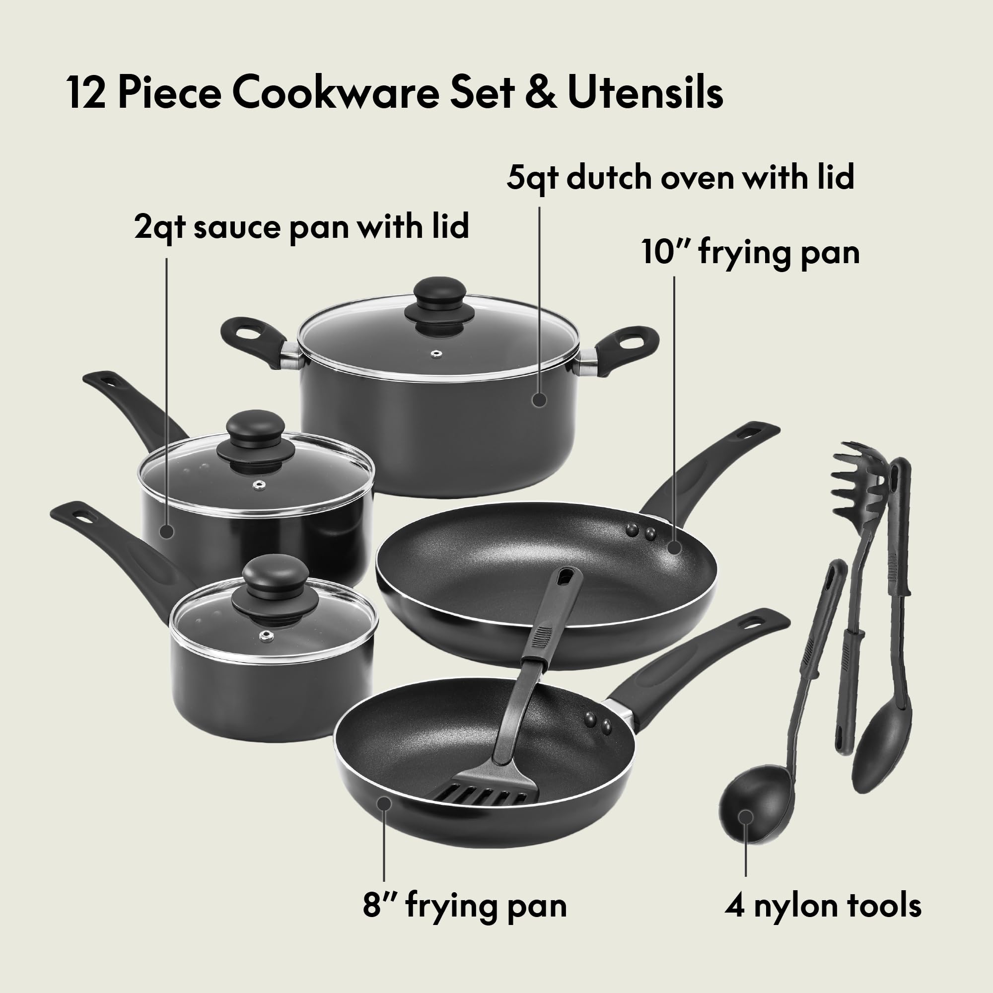 Bella 12-Piece Nonstick Cookware Set - PFOA-Free Pots and Pans with Utensils, Scratch-Resistant Aluminum Cooking Surface for Gas, Electric & Induction Stoves - Perfect for Everyday Cooking, Family Meals & Professional Kitchens