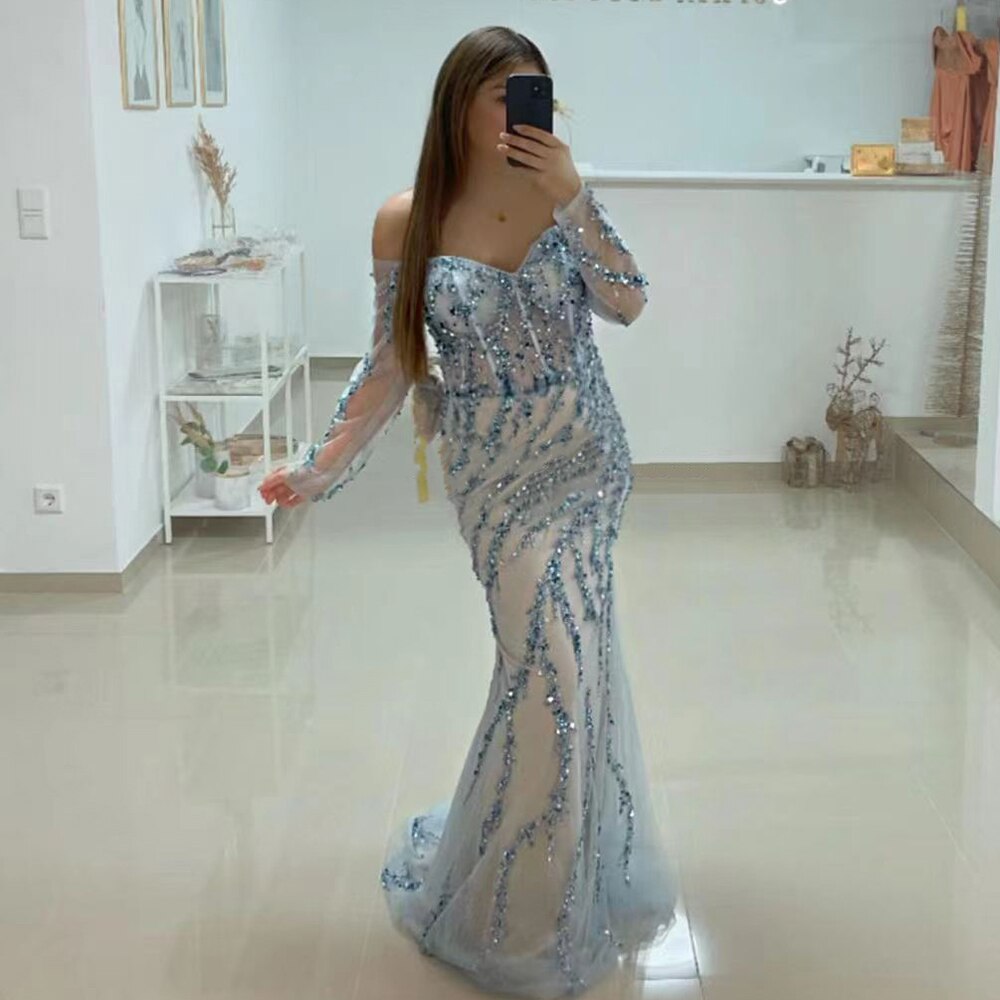 Elegant Muslim Blue Boat Neck Mermaid Evening Dress with Beaded Details - Long Luxury Formal Gown for Celebrity Events, Weddings & Special Occasions - Serene Hill Collection LA71653C