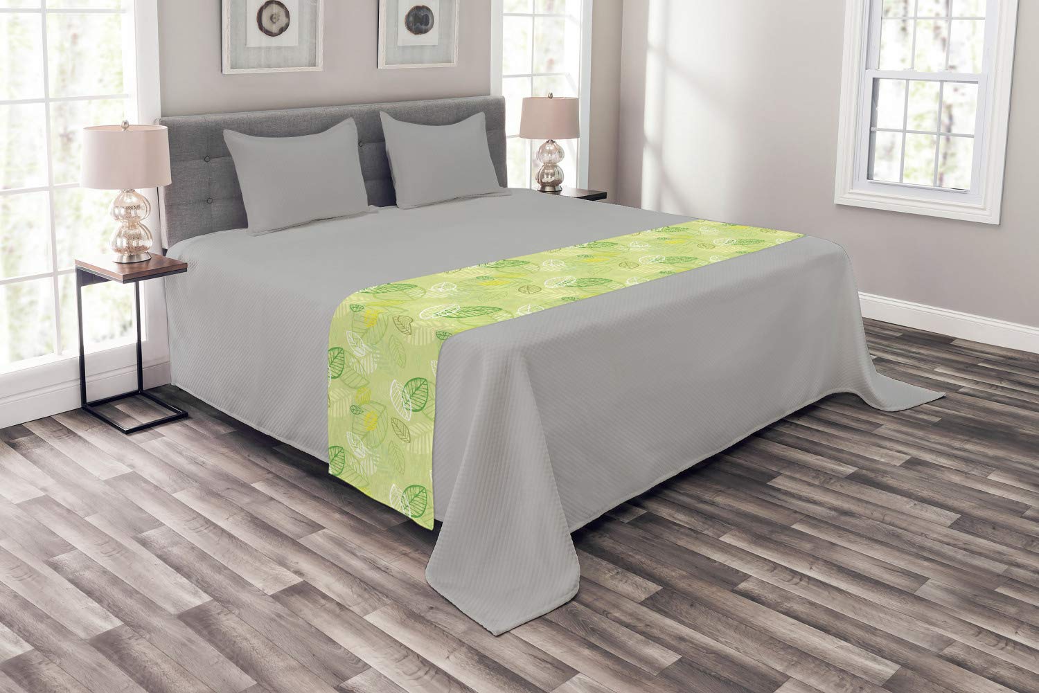Ambesonne Floral Bed Runner with Leaf Design - Apple Green, Fern Green, White & Yellow Decorative Bedding Scarf for Hotels, Homes & Guestrooms | Perfect for Spring Decor, Wedding Accents & Bedroom Styling