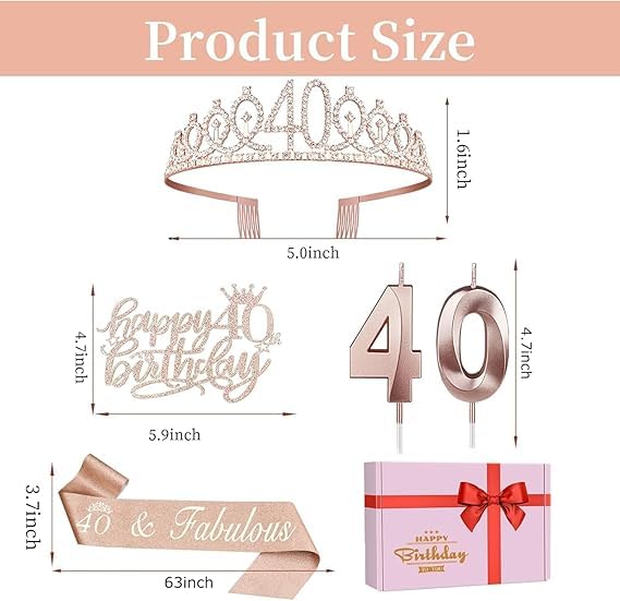 40th Birthday Party Decorations for Women - Gold Crown/Tiara, Satin Sash, Elegant Cake Topper & Candles Set - Perfect 40th Birthday Gift for Her - Great for Milestone Celebrations, Surprise Parties & Photo Backdrops