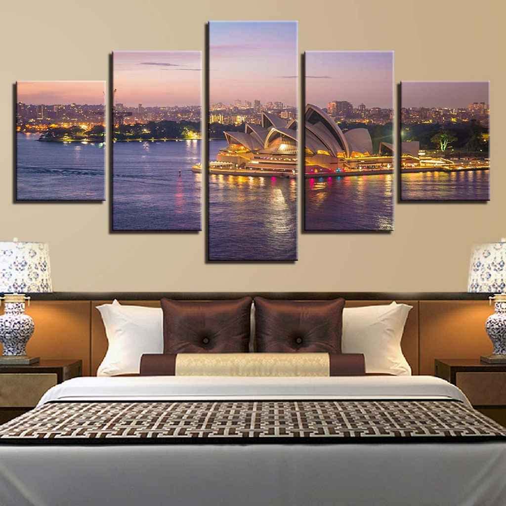 5-Piece Opera House City Night View Canvas Wall Art - Stretched Painting Prints for Modern Living Room & Office Decor (Frameless) - Perfect for Home, Office & Gift Giving